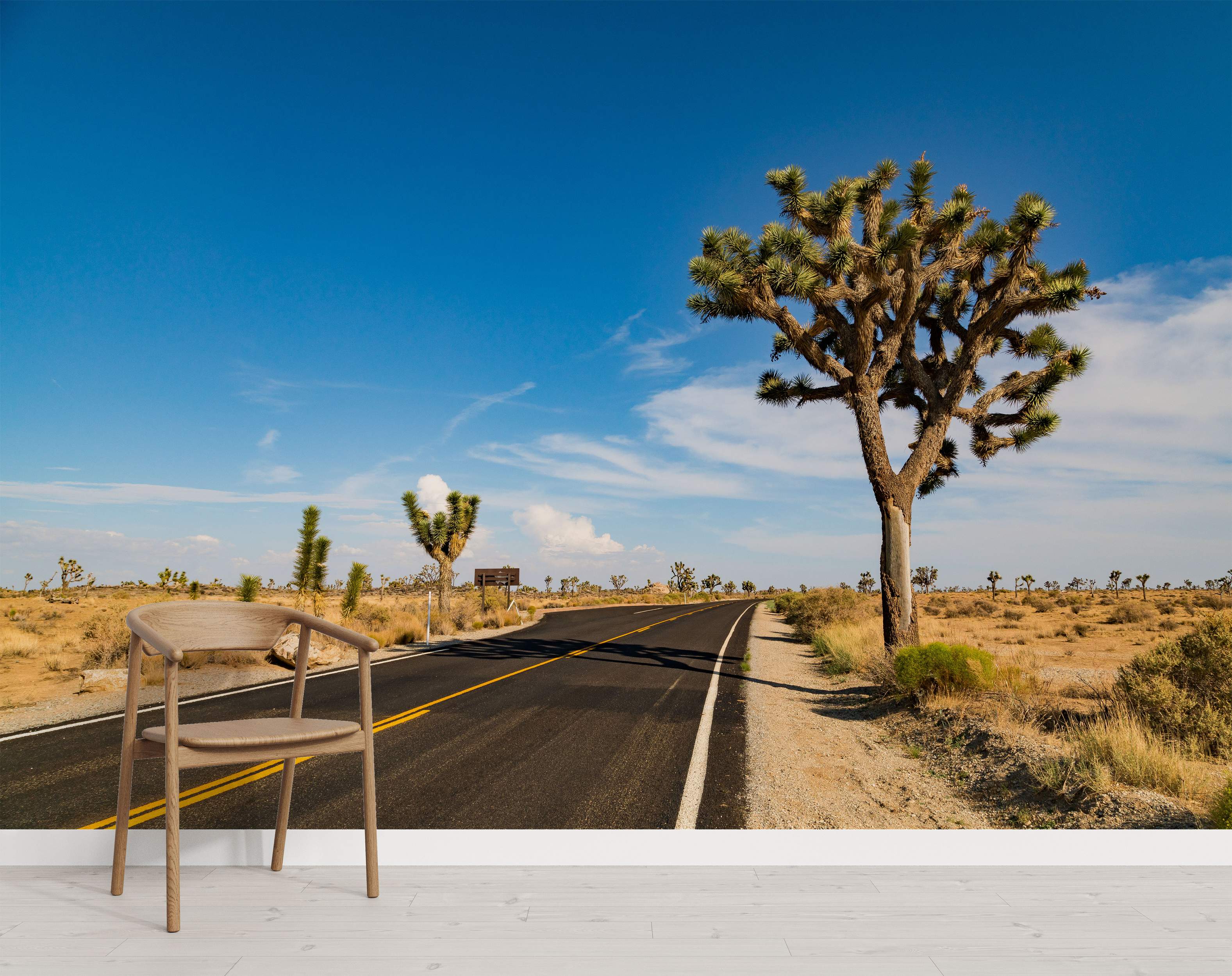 Photographic mural of a winding desert road through Joshua Tree National Park under a bright blue sky on a sunny day.