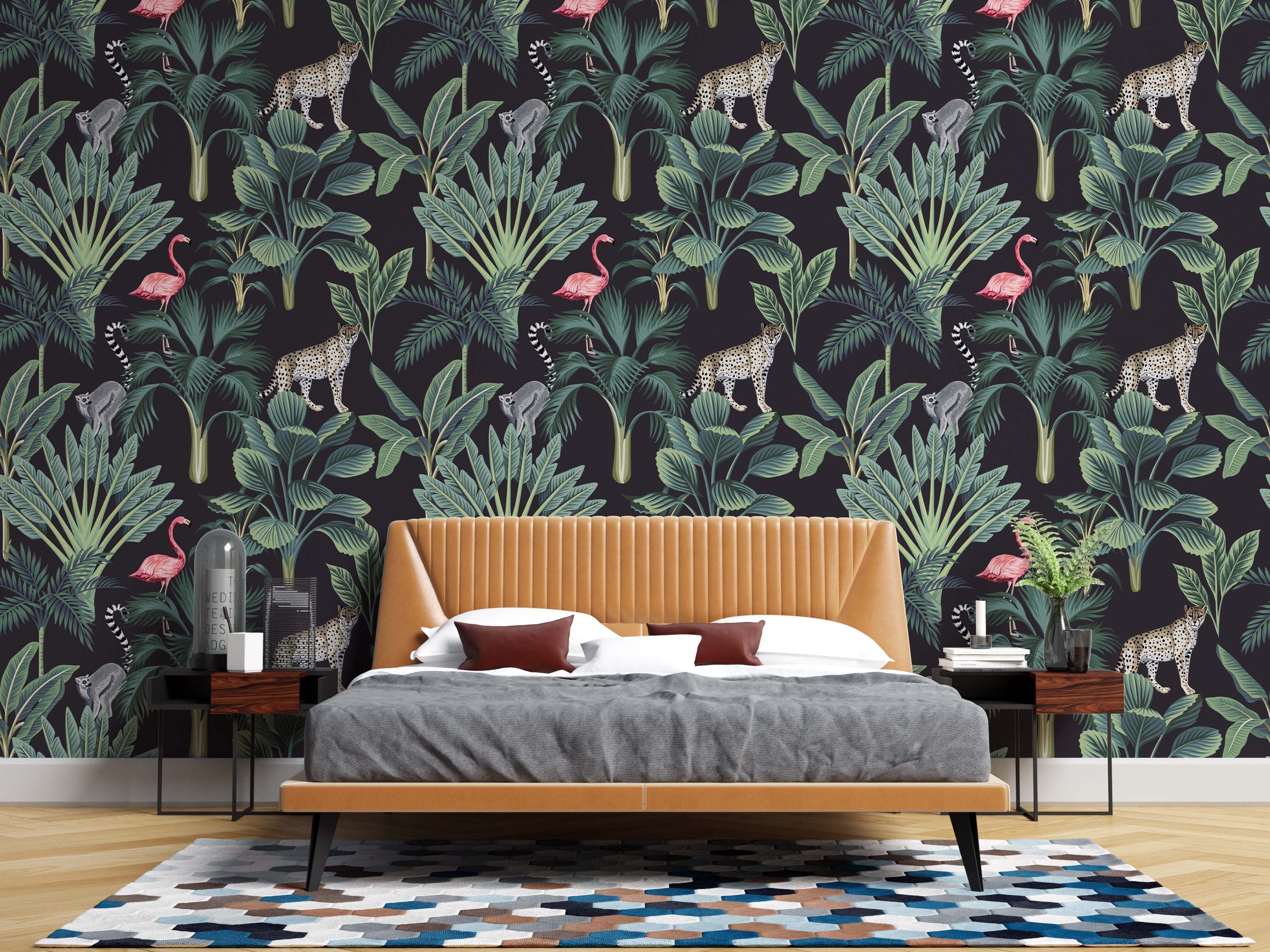 A dark tropical wallpaper featuring illustrated cheetahs, lemurs, and flamingos amongst lush green palm leaves.