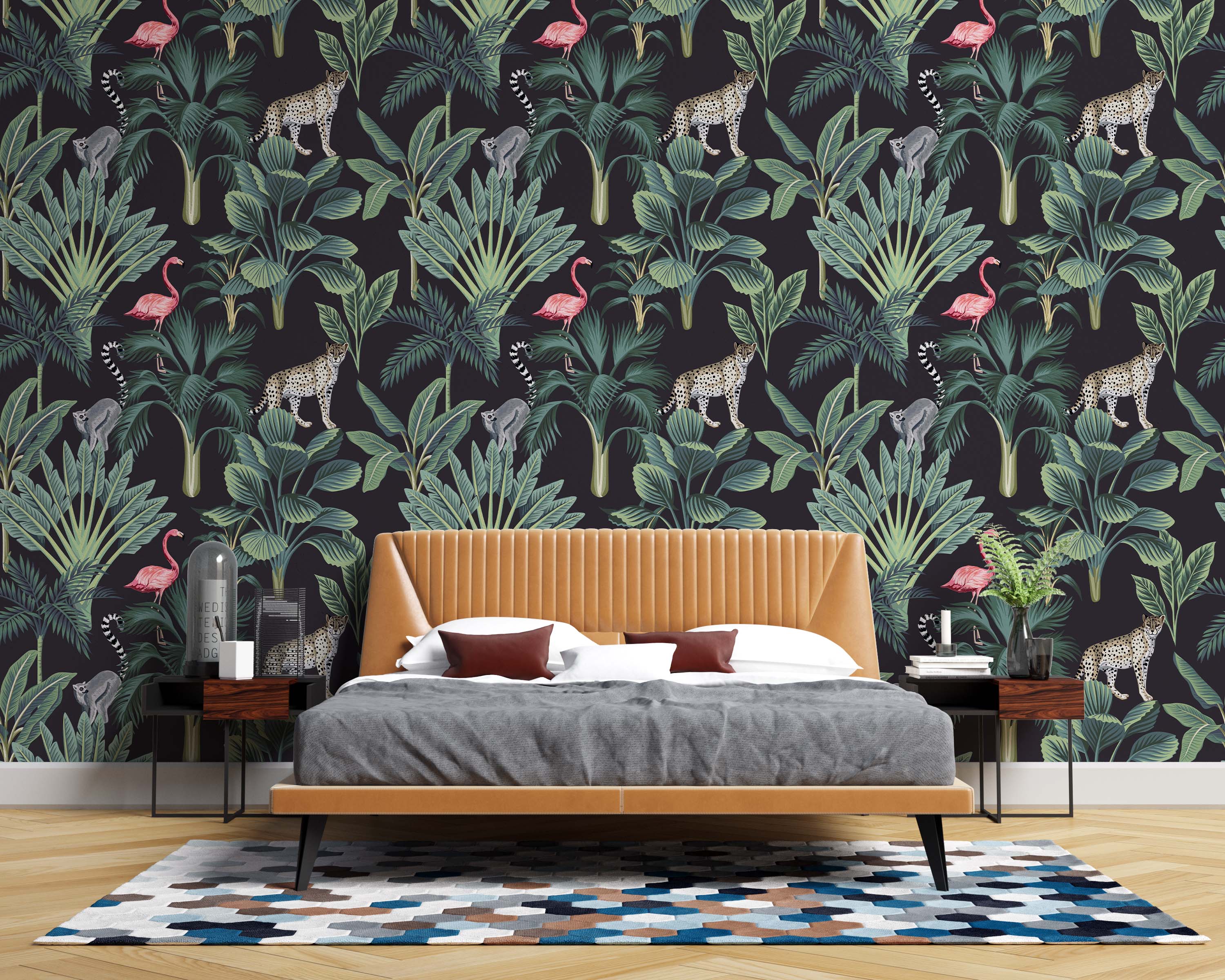 A dark tropical wallpaper featuring illustrated cheetahs, lemurs, and flamingos amongst lush green palm leaves.