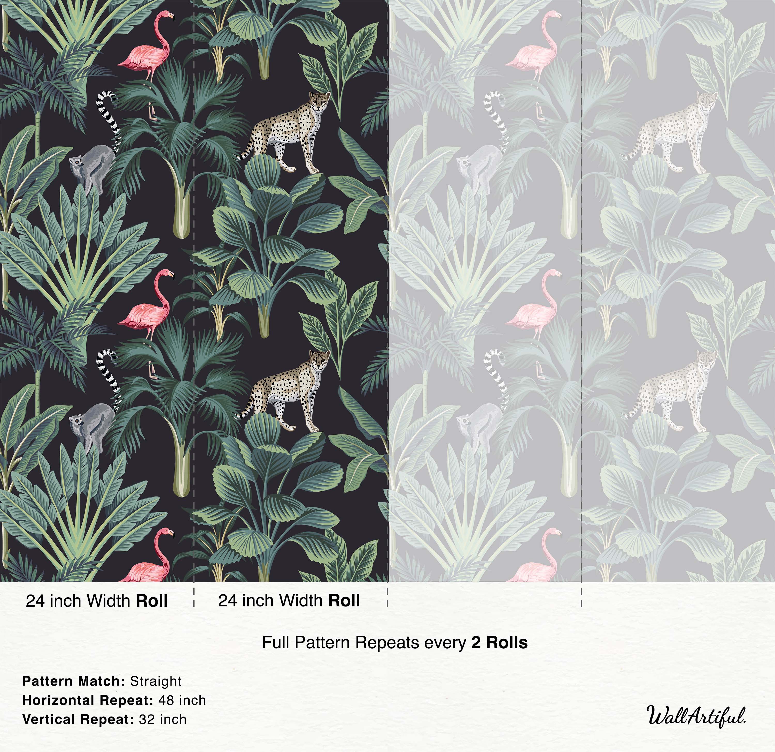 Tropical wallpaper with leopards, pink flamingos, and lemurs among green palm fronds on a dark background.