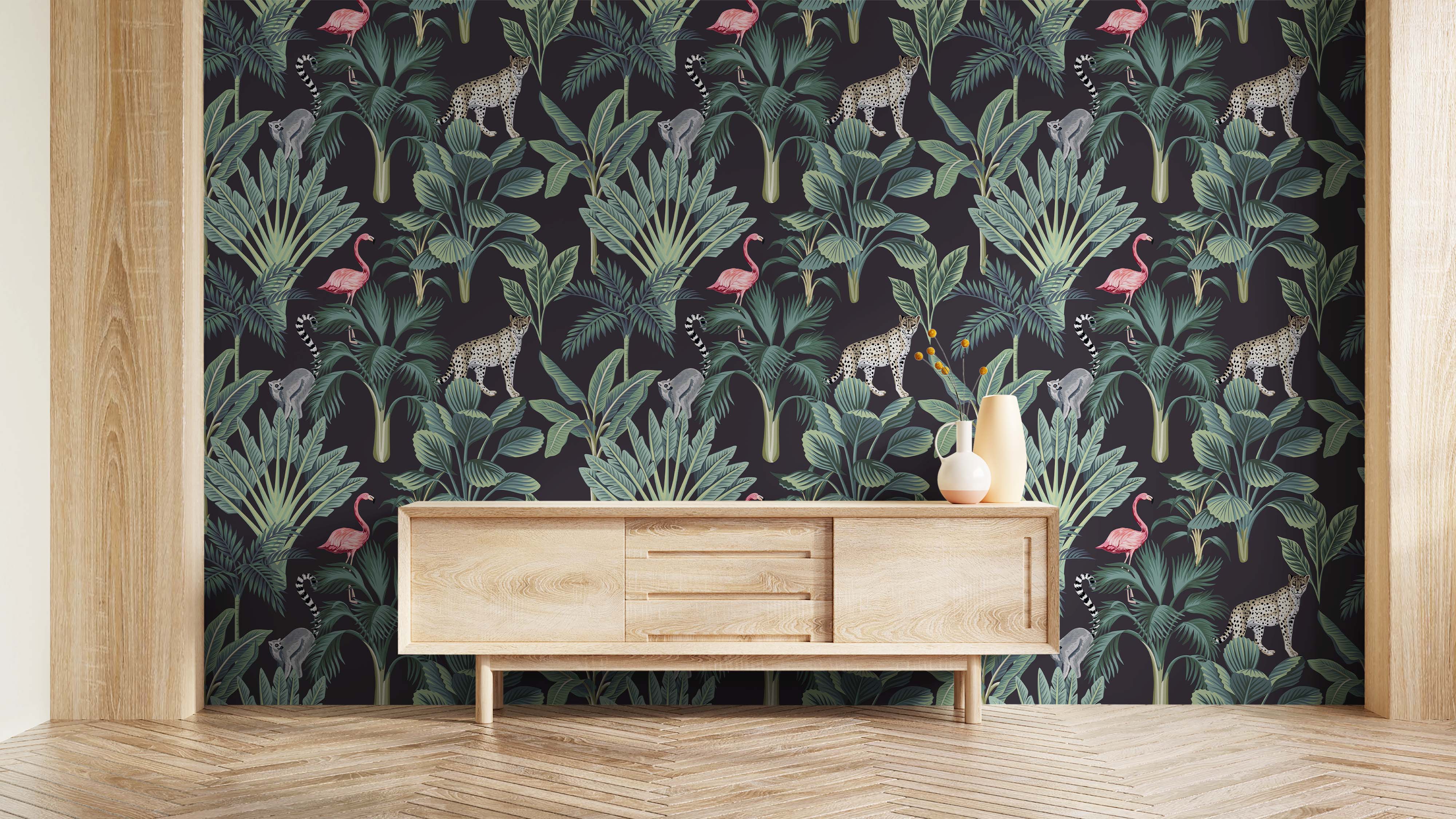 A tropical animal wallpaper with illustrated leopards, lemurs, and flamingos among green palm leaves on a dark background.