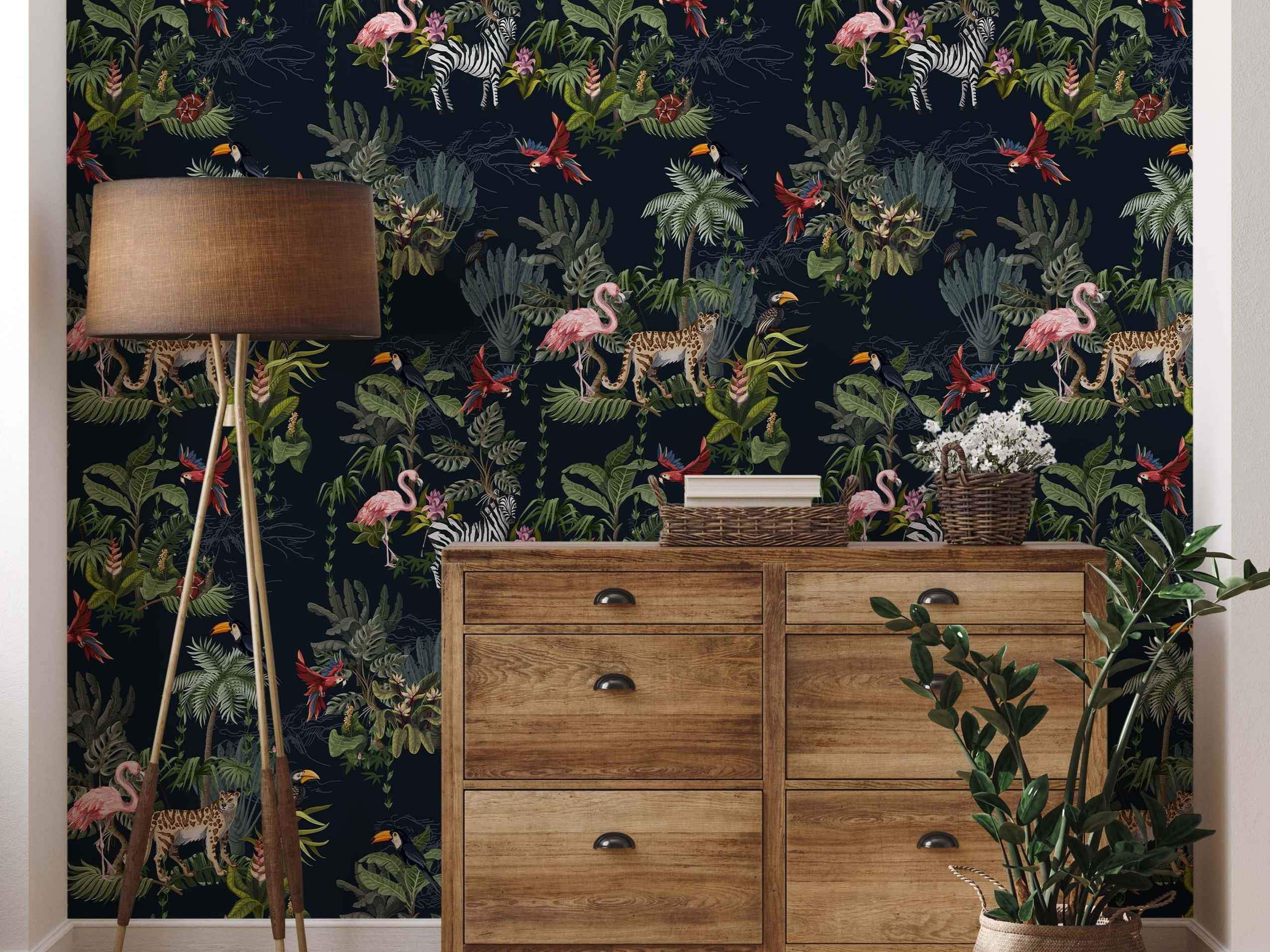 Jungle wallpaper features illustrated flamingos, leopards, zebras, toucans, and parrots amid lush green tropical foliage on a dark background.