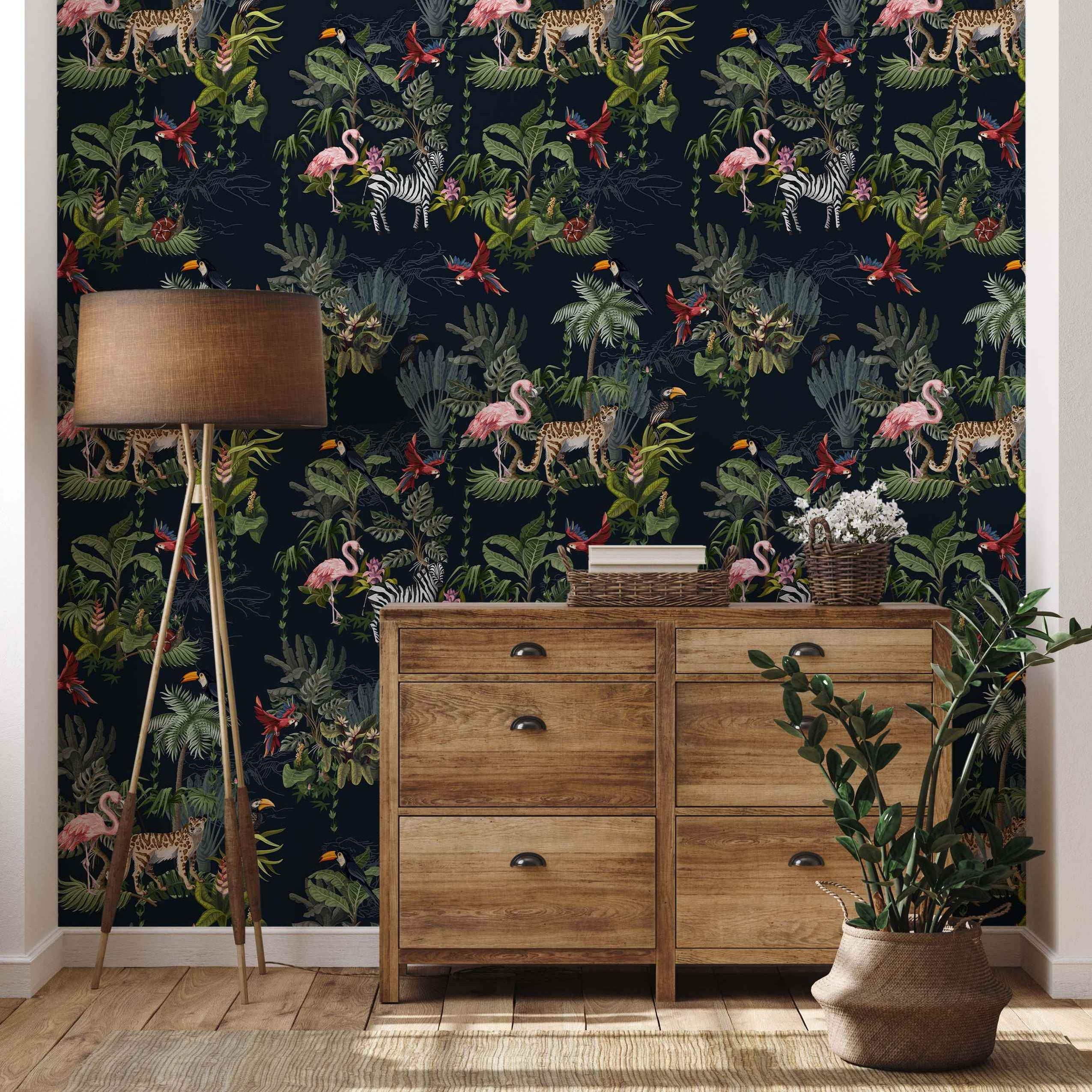 Jungle wallpaper features illustrated flamingos, leopards, zebras, toucans, and parrots amid lush green tropical foliage on a dark background.