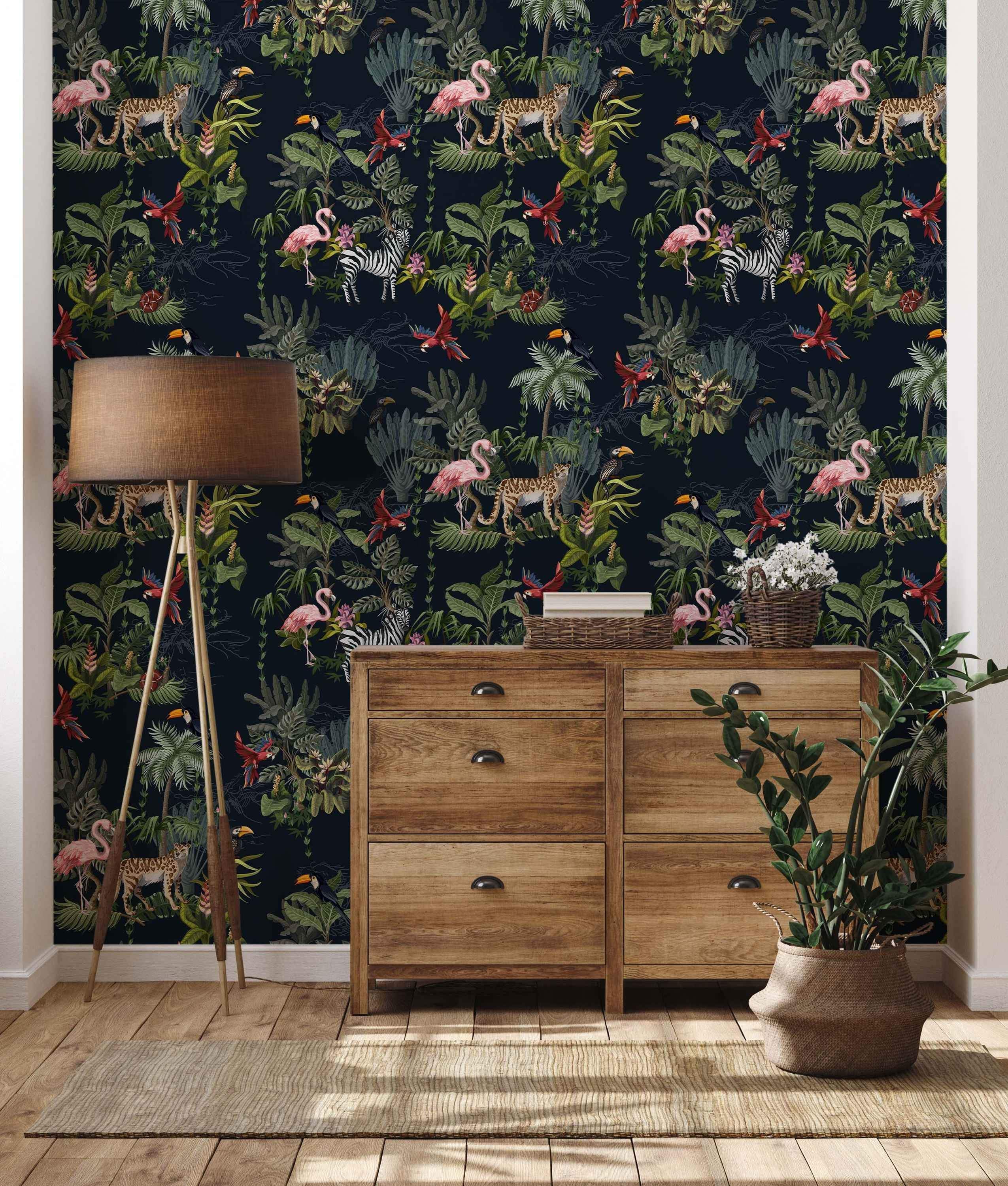 Jungle wallpaper features illustrated flamingos, leopards, zebras, toucans, and parrots amid lush green tropical foliage on a dark background.