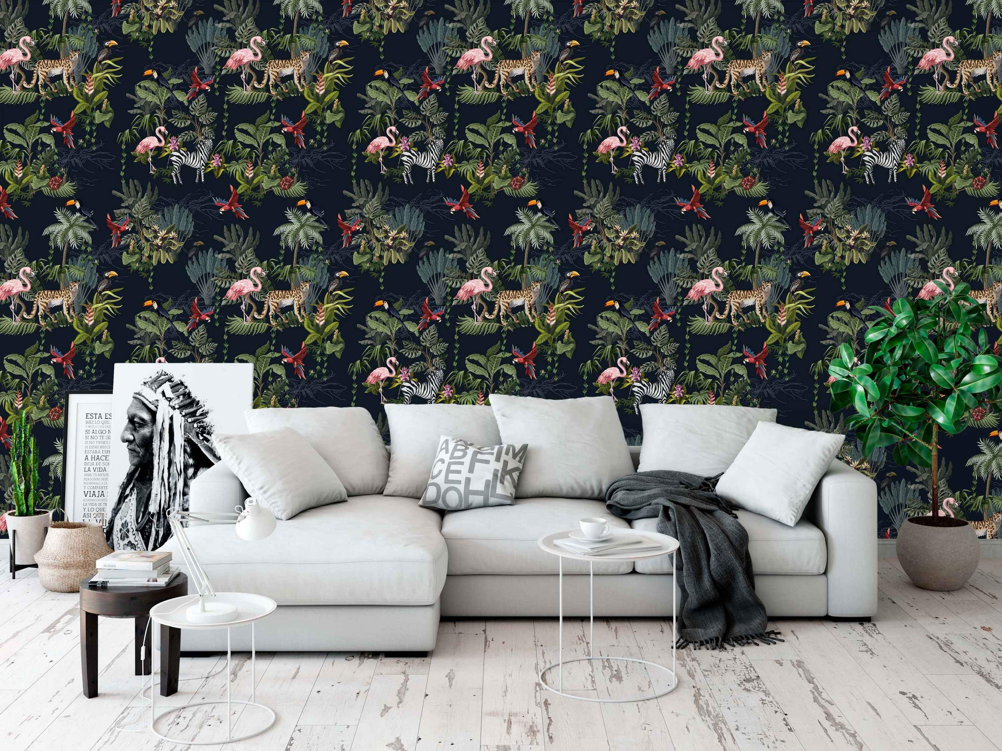 Exotic jungle animal wallpaper featuring leopards, zebras, flamingos, and toucans amidst green tropical foliage on a dark navy background.