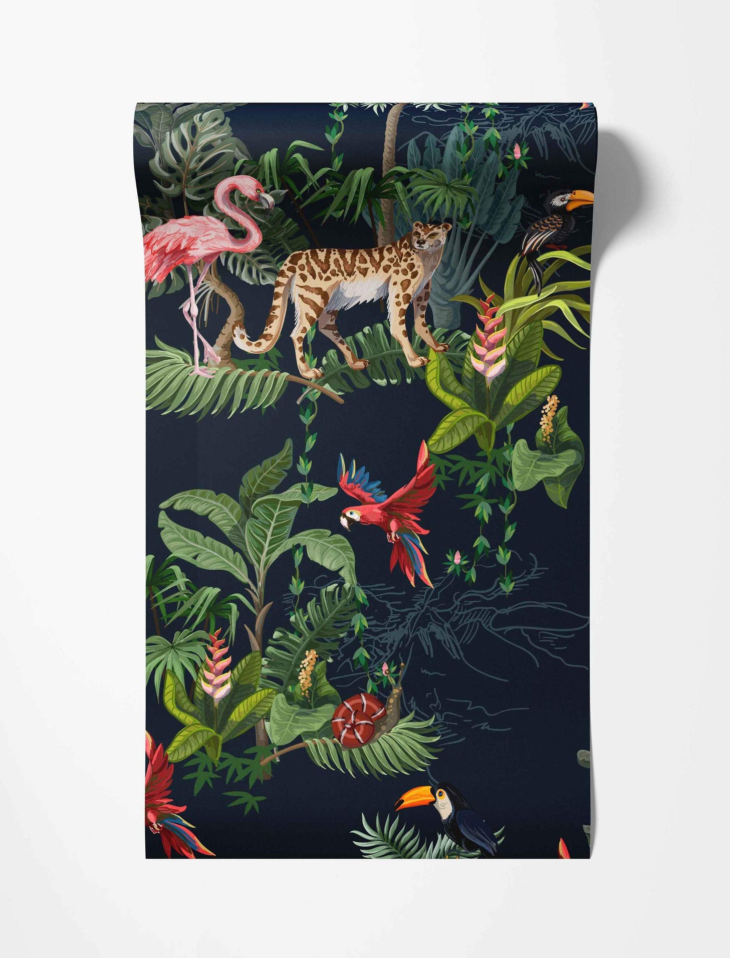 Dark blue jungle mural featuring a leopard, flamingo, parrot, toucans, and lush tropical foliage.