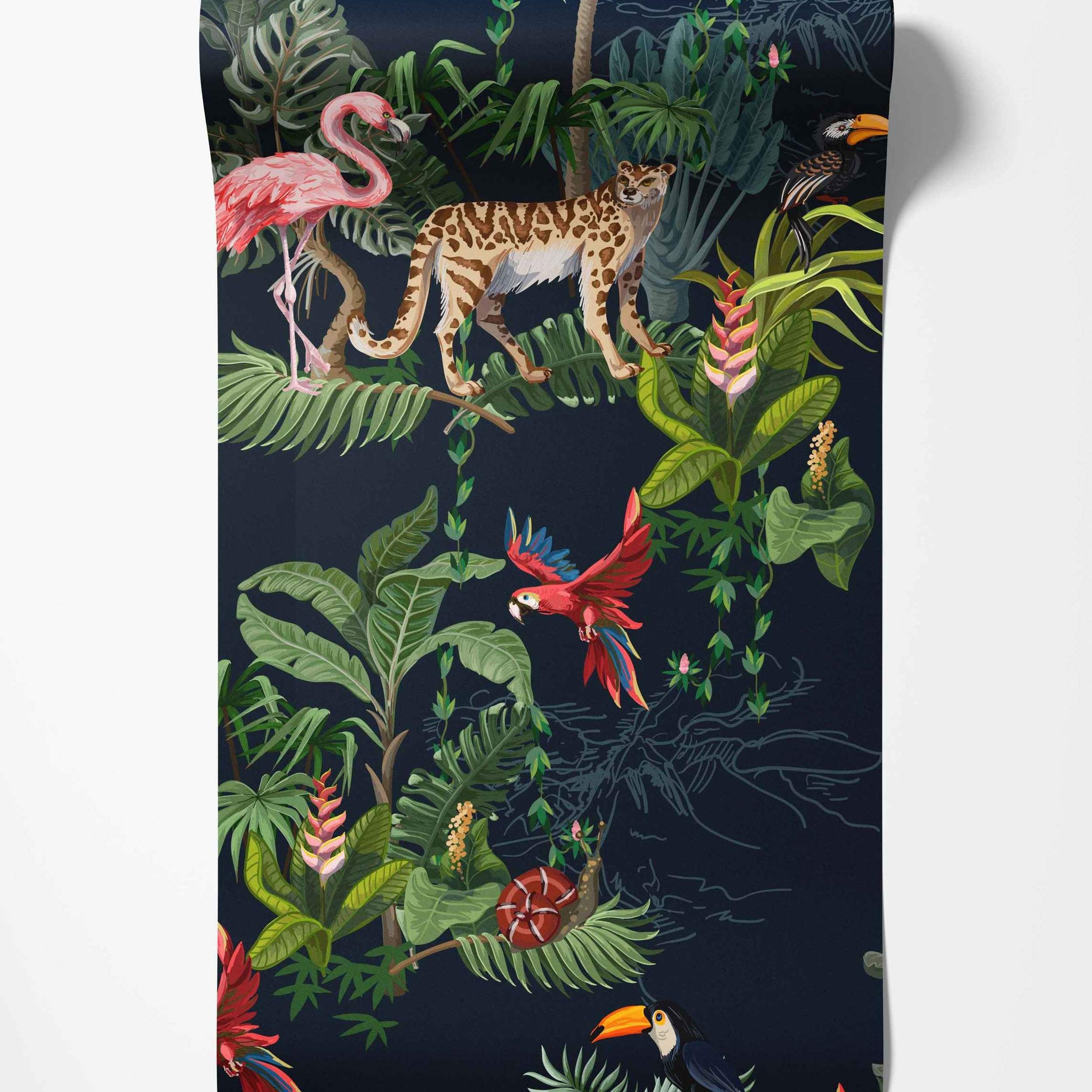 Dark blue jungle mural featuring a leopard, flamingo, parrot, toucans, and lush tropical foliage.