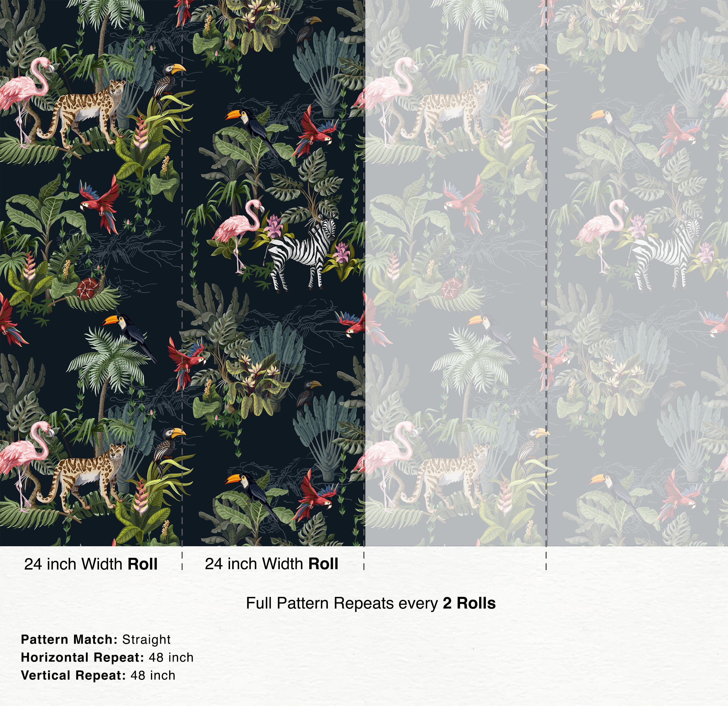 Dark tropical jungle wallpaper with illustrated flamingos, zebras, leopards, and toucans among green foliage.
