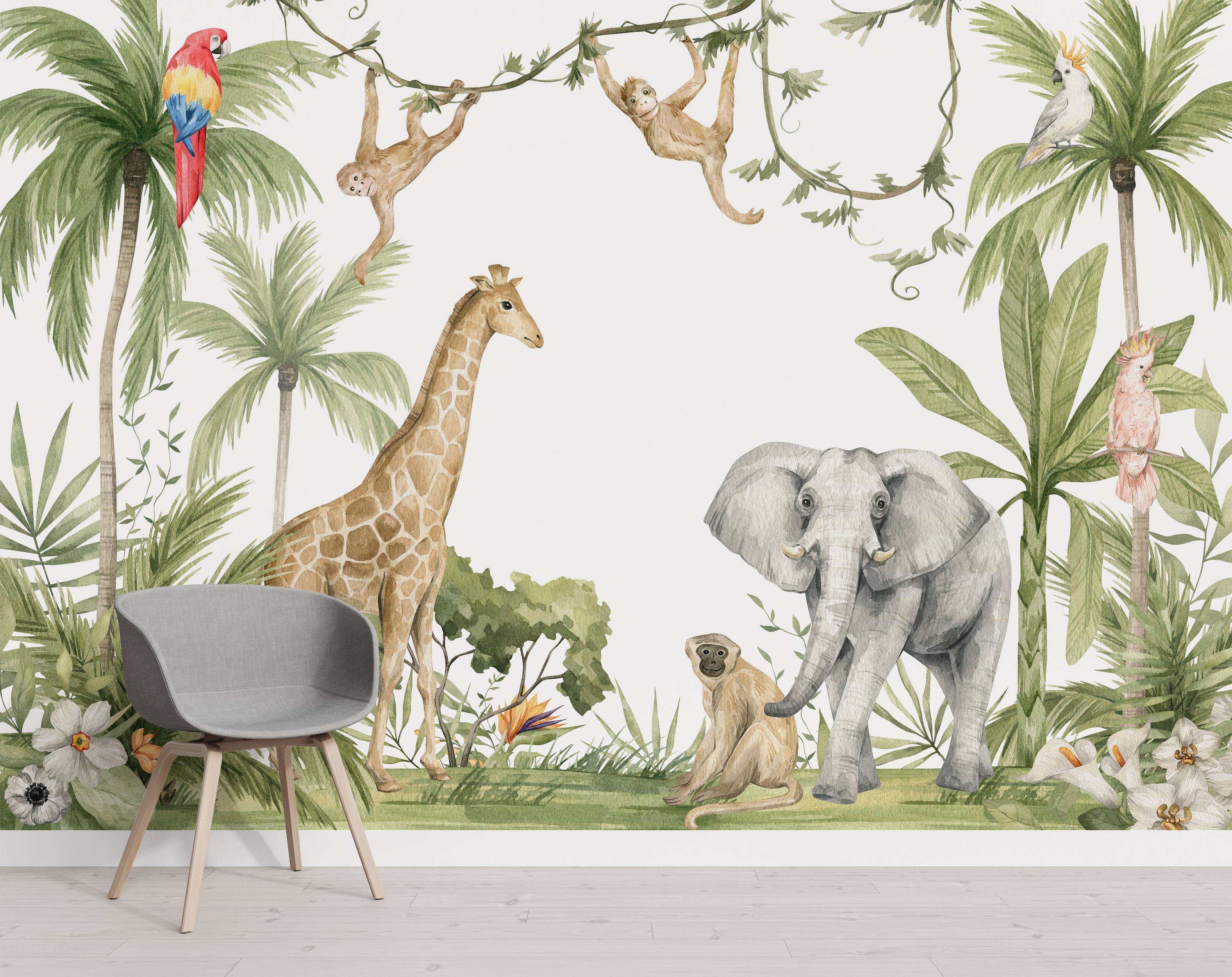 Watercolor jungle mural with giraffe, elephant, monkeys, parrots, and tropical plants in greens, browns, and muted colors.