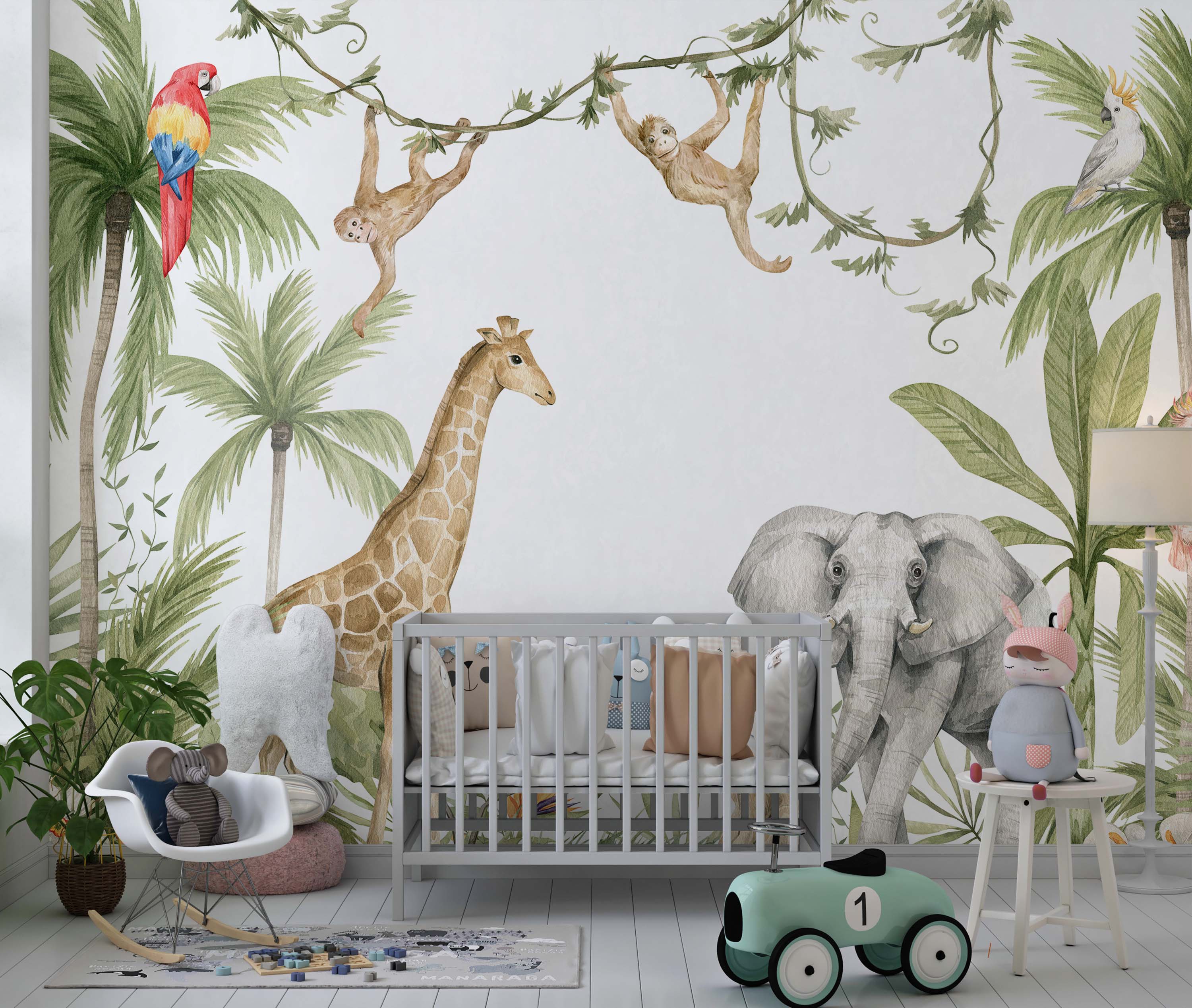 Watercolor jungle mural featuring playful monkeys, a giraffe, an elephant, and parrots amidst green palm trees and vines.