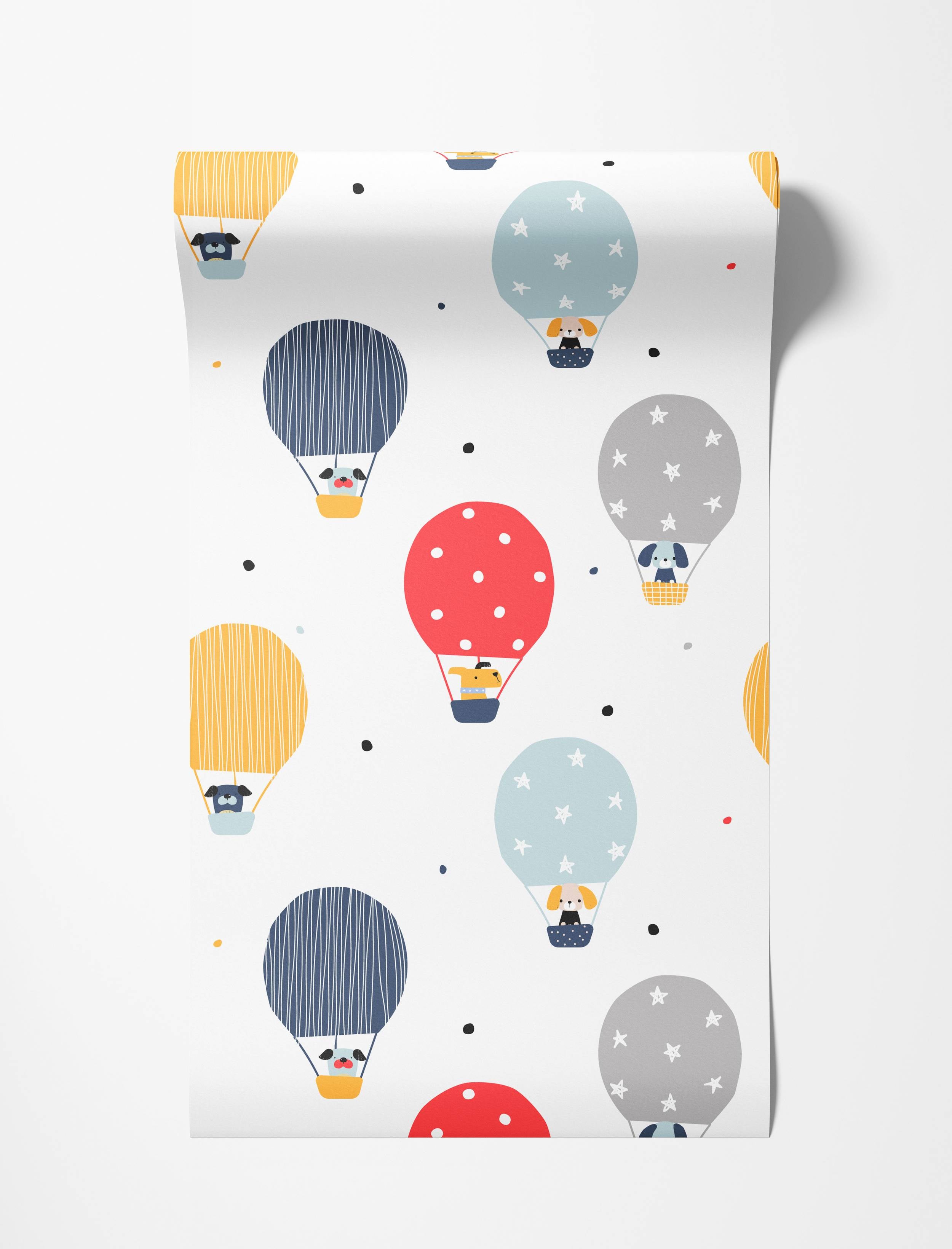 Kids wallpaper: cartoon dogs in colorful hot air balloons (yellow, blue, red, gray) with stripes, stars, dots on white.