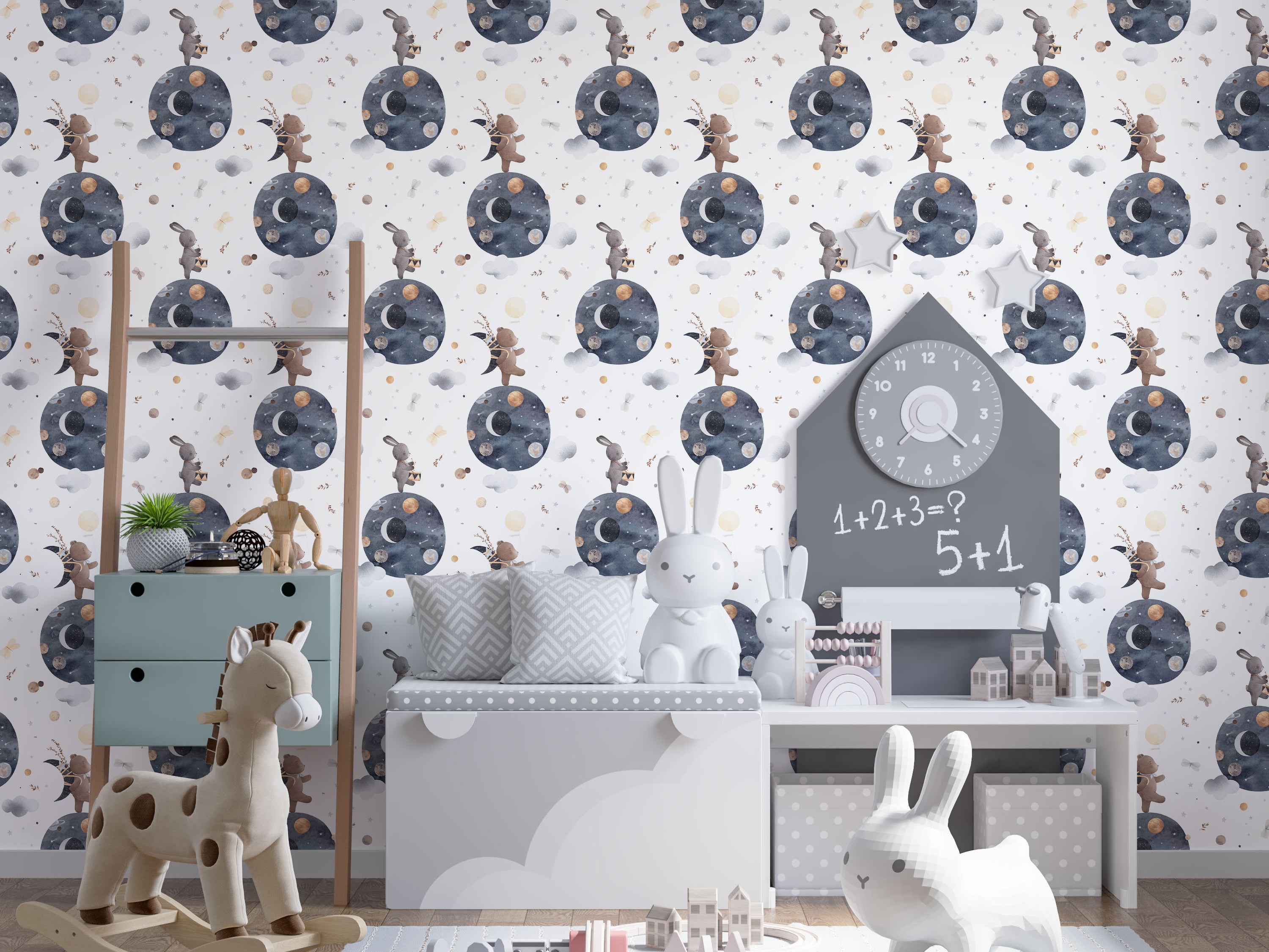 Children's wallpaper featuring cute bears and bunnies on dark blue planets amidst clouds, moons, and stars.