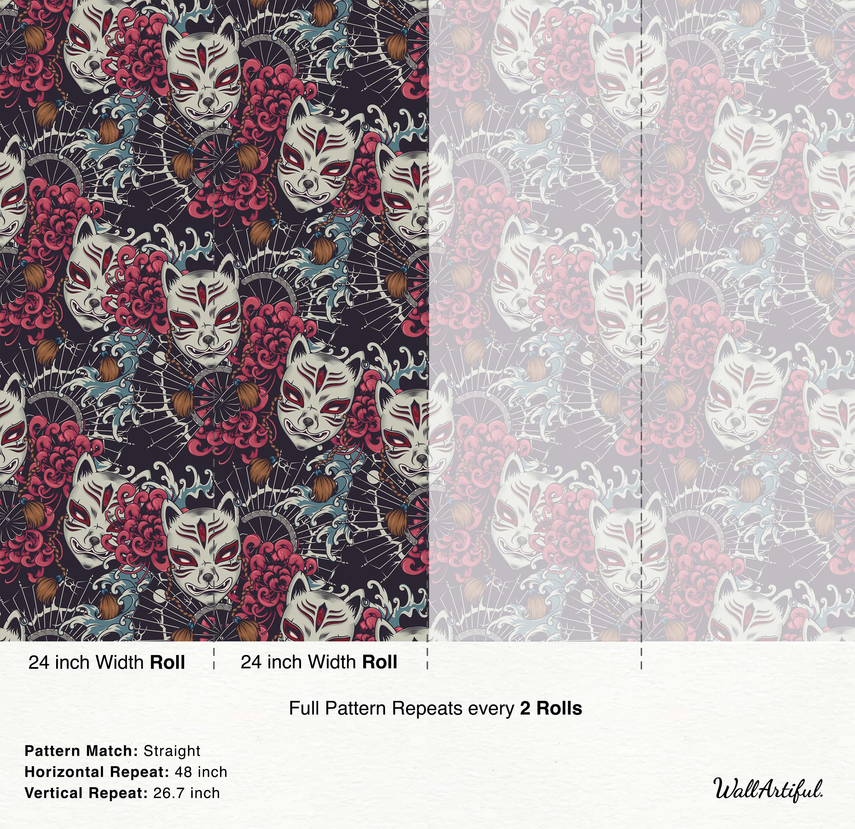 Wallpaper featuring Japanese kitsune masks, red chrysanthemums, fans, and blue waves on a dark background.