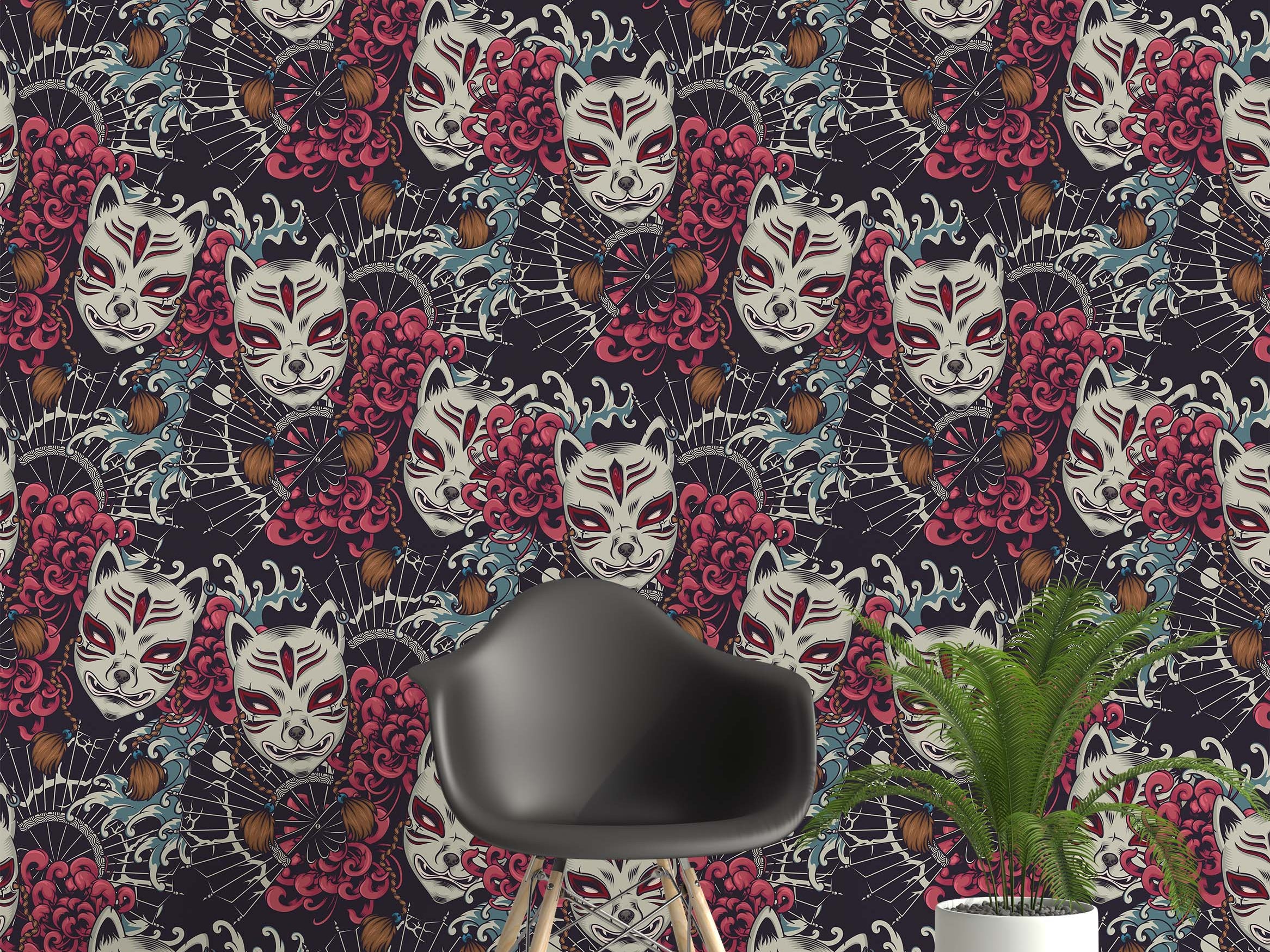 Japanese wallpaper with white kitsune masks detailed in red, red chrysanthemums, fans, and blue waves on a dark background.