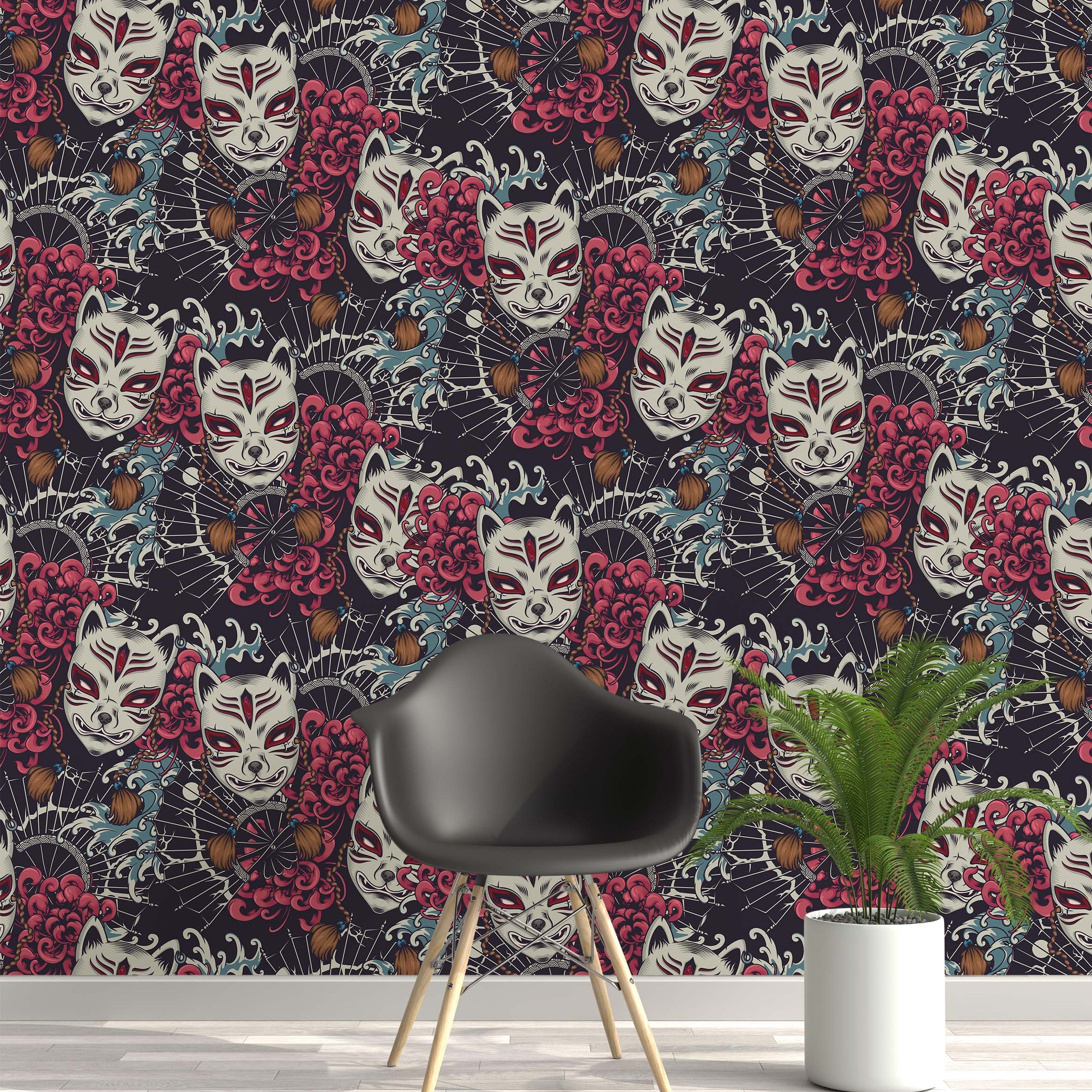 Japanese wallpaper with white kitsune masks detailed in red, red chrysanthemums, fans, and blue waves on a dark background.