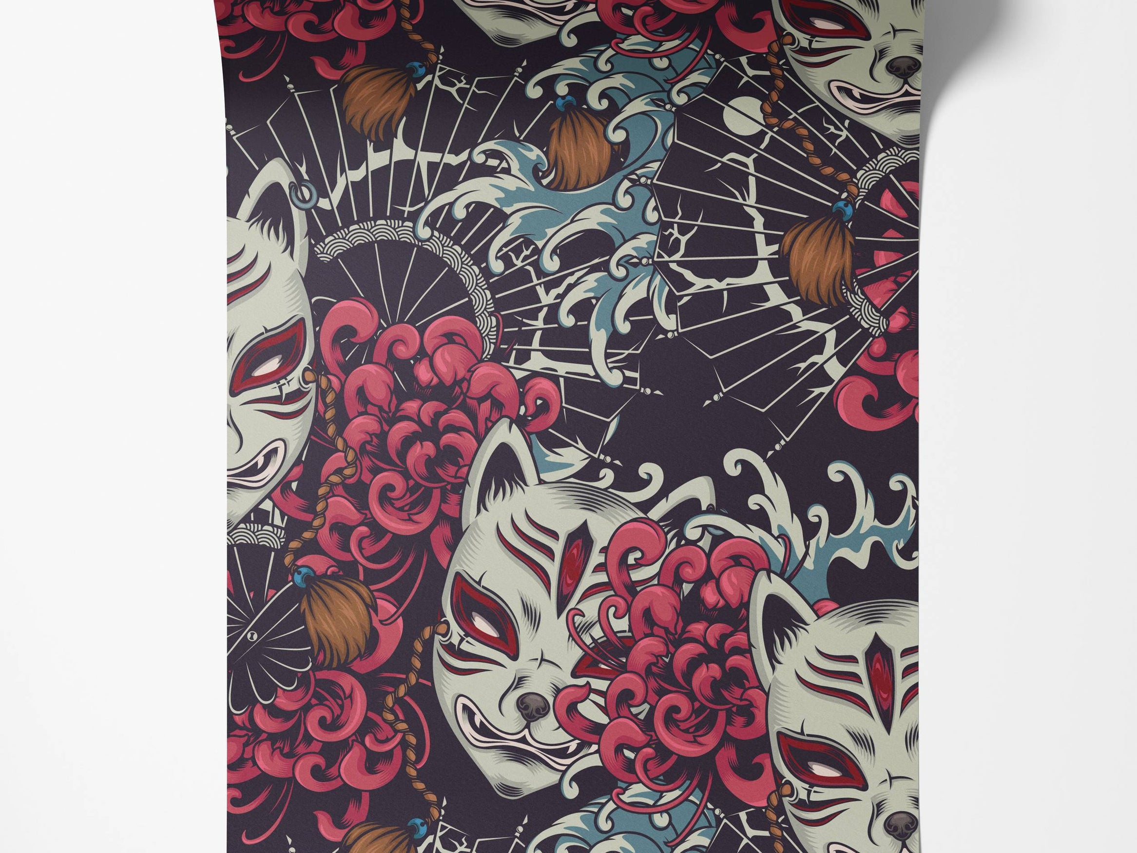 Wallpaper with a Japanese-inspired pattern of white Kitsune masks, red chrysanthemums, fans, and blue waves on a dark background.