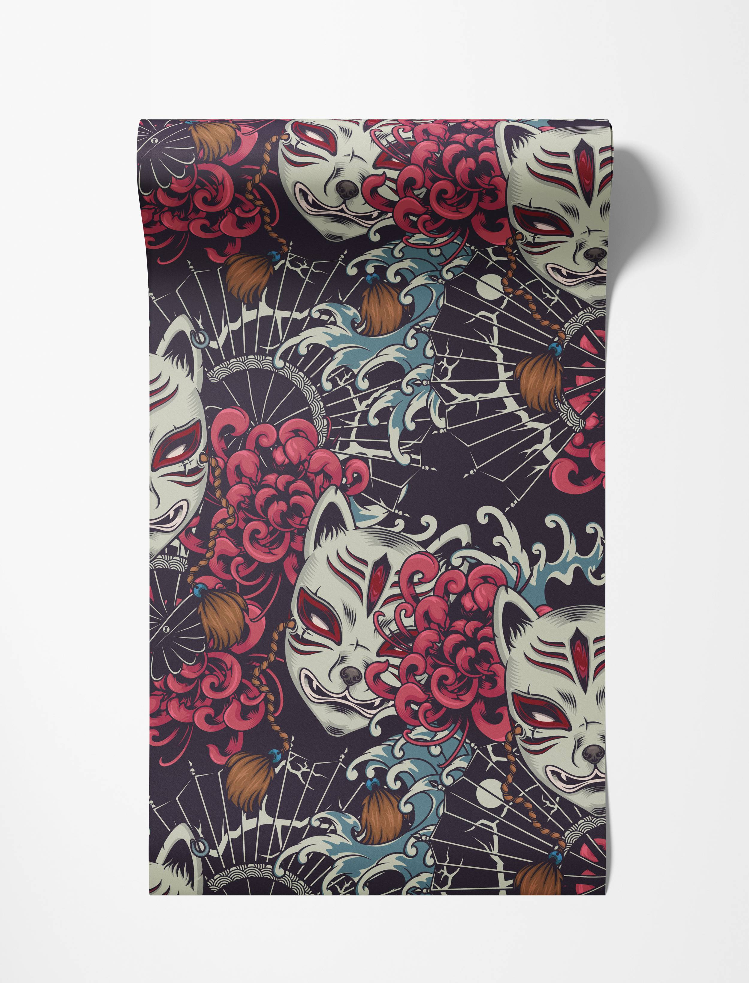 Wallpaper with a Japanese-inspired pattern of white Kitsune masks, red chrysanthemums, fans, and blue waves on a dark background.