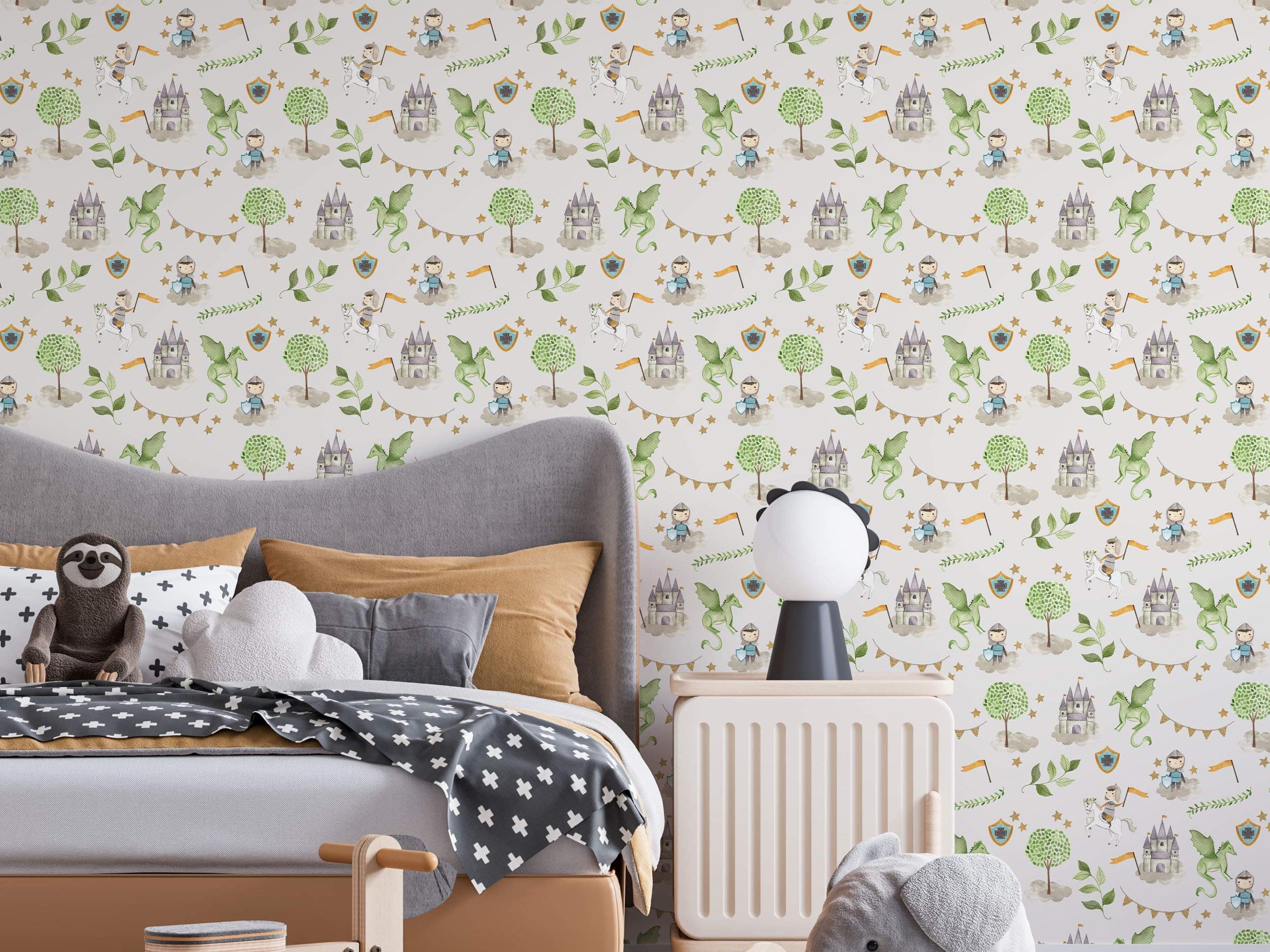 Whimsical watercolor wallpaper featuring repeating knights, green dragons, gray castles, trees, and orange flags on a light background.