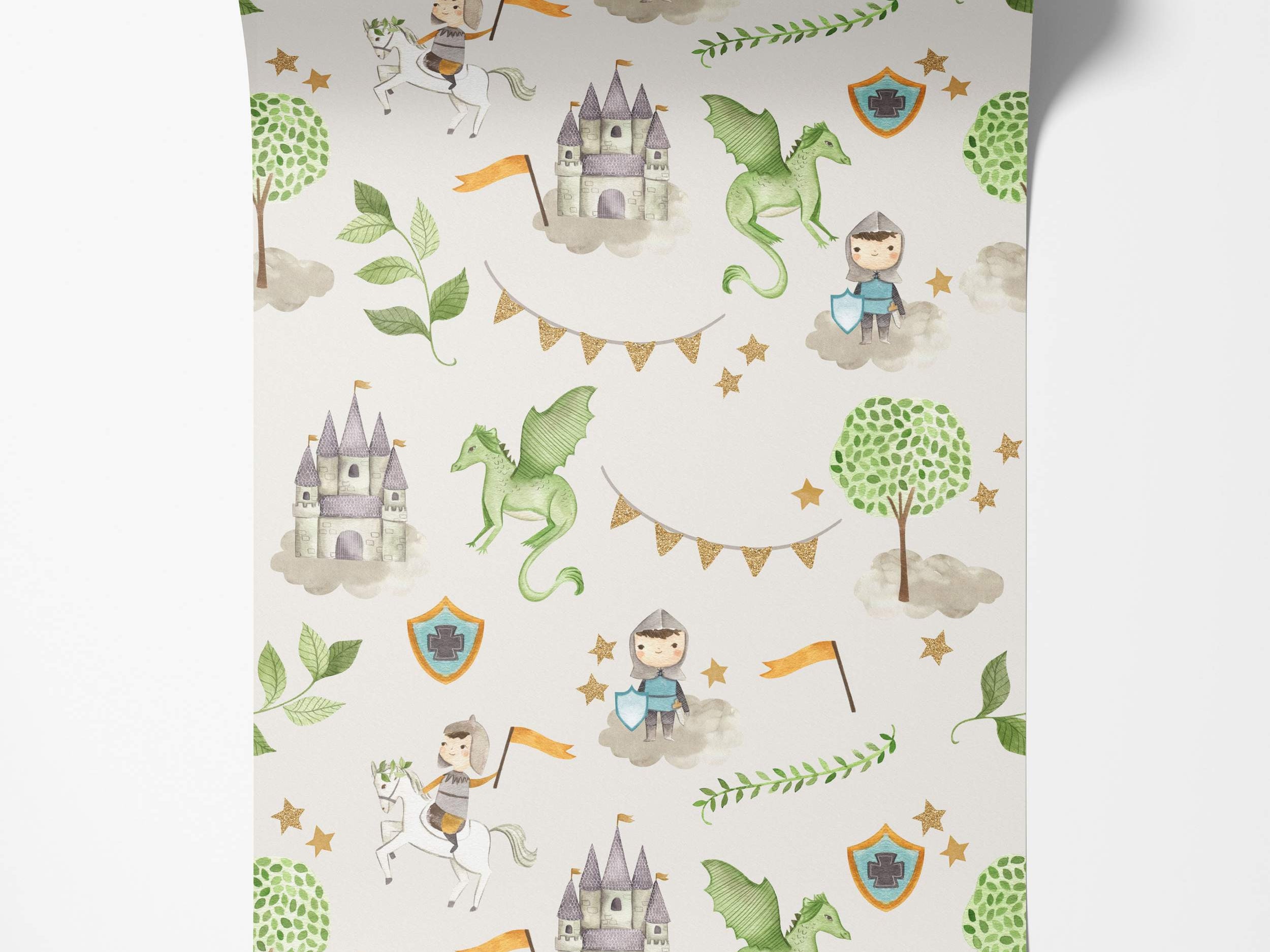 Watercolor knight and dragon wallpaper featuring castles, trees, and gold stars on a light background.