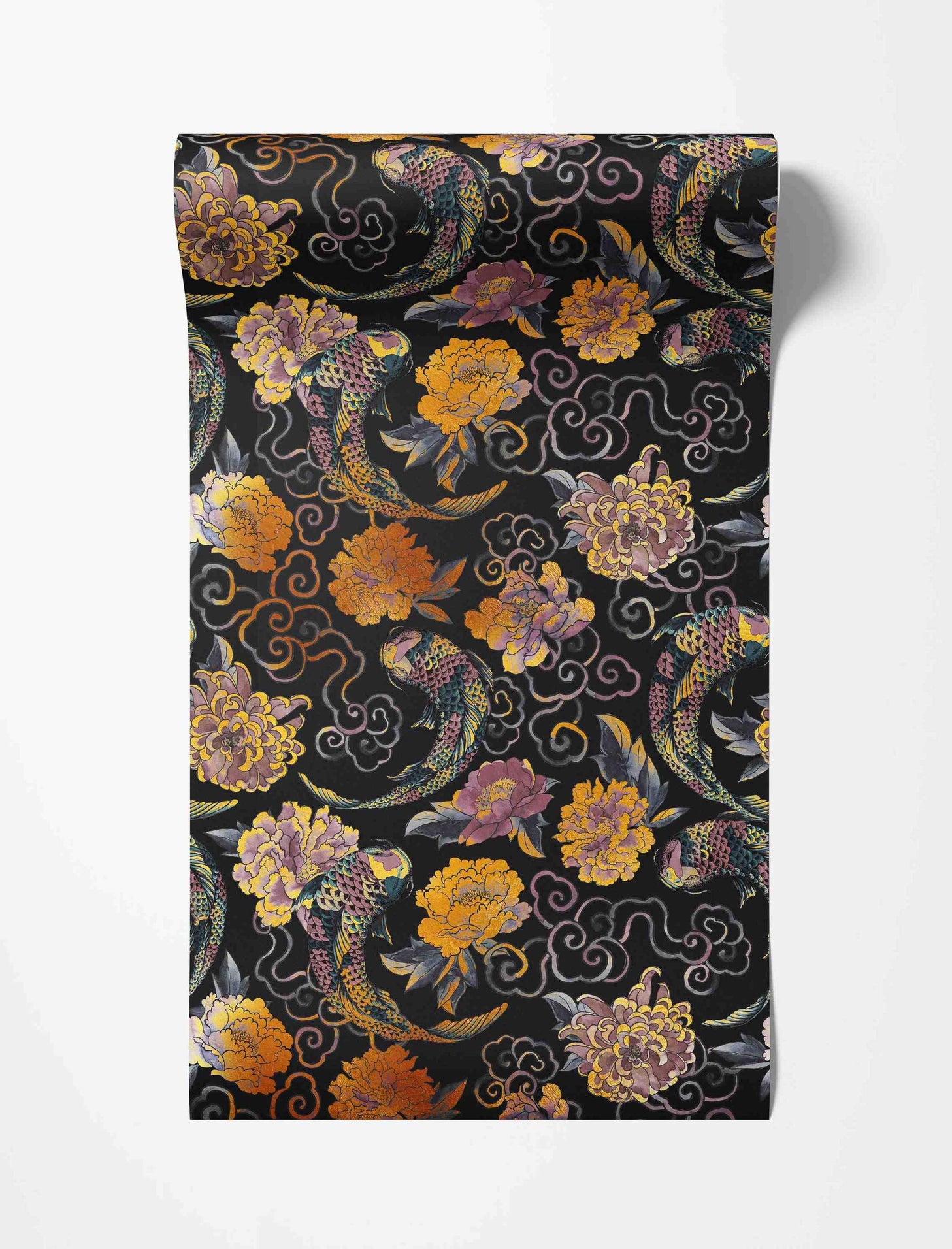 Repeating wallpaper pattern featuring colorful koi fish, gold, orange, and purple peonies, and stylized clouds on black.