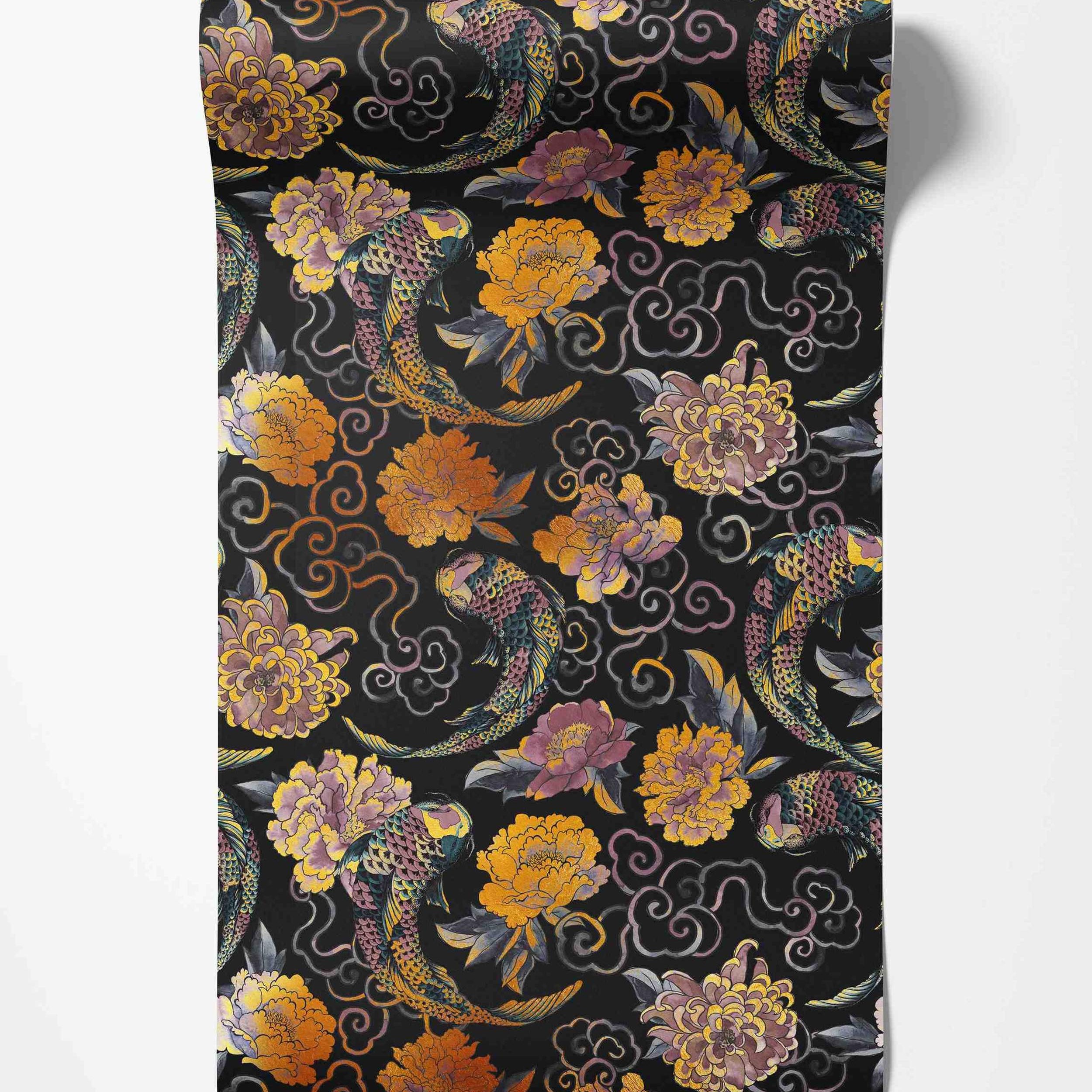 Repeating wallpaper pattern featuring colorful koi fish, gold, orange, and purple peonies, and stylized clouds on black.