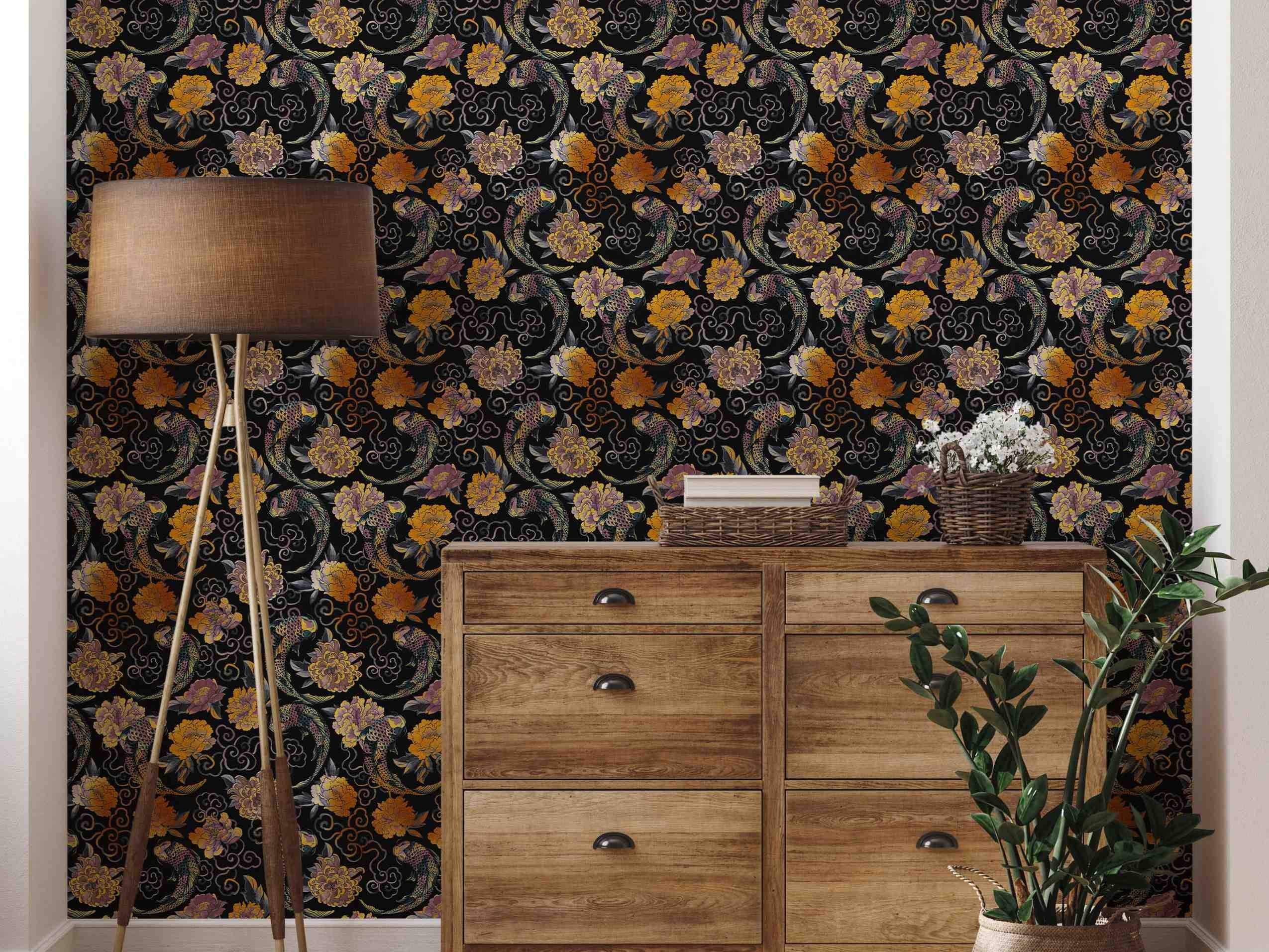 Asian-inspired wallpaper with gold, yellow, and purple koi fish and peonies swirling amongst clouds on a black background.