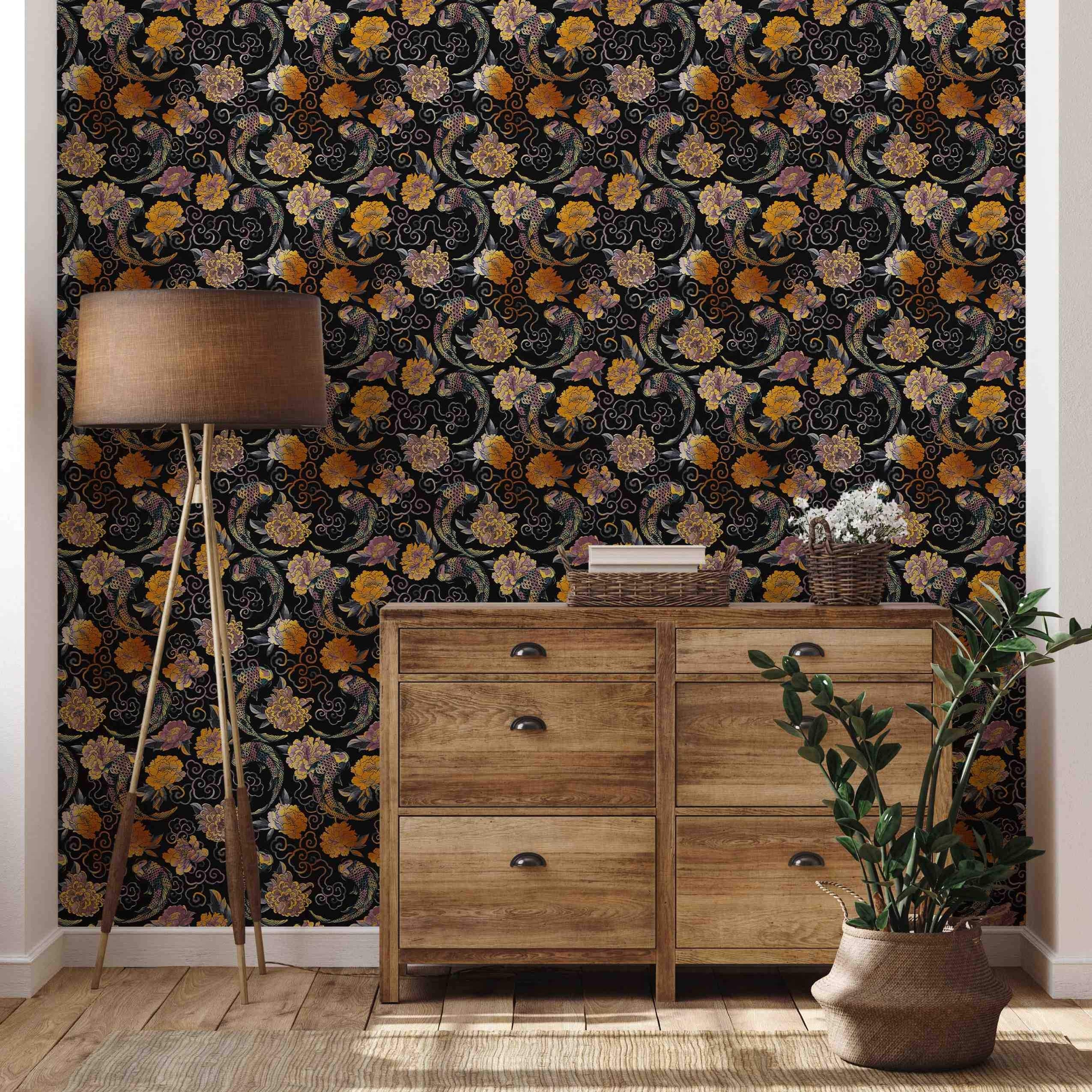 Asian-inspired wallpaper with gold, yellow, and purple koi fish and peonies swirling amongst clouds on a black background.