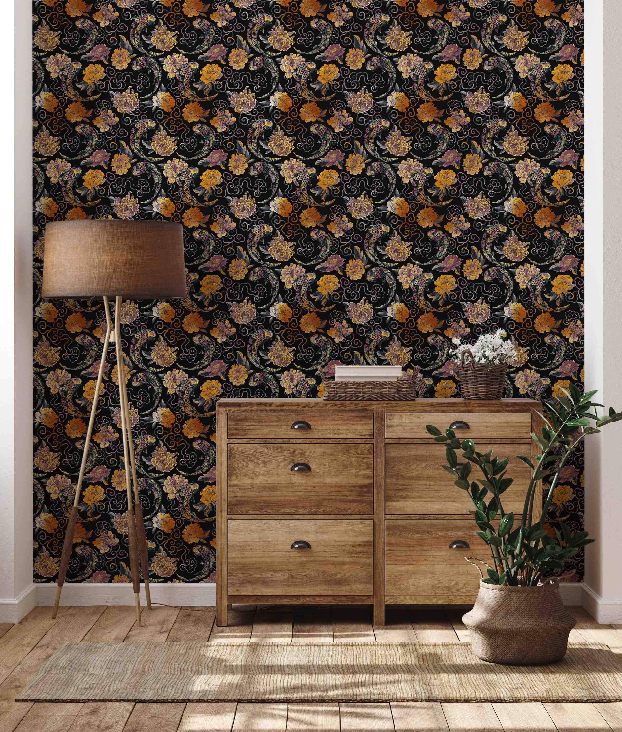 Asian-inspired wallpaper with gold, yellow, and purple koi fish and peonies swirling amongst clouds on a black background.