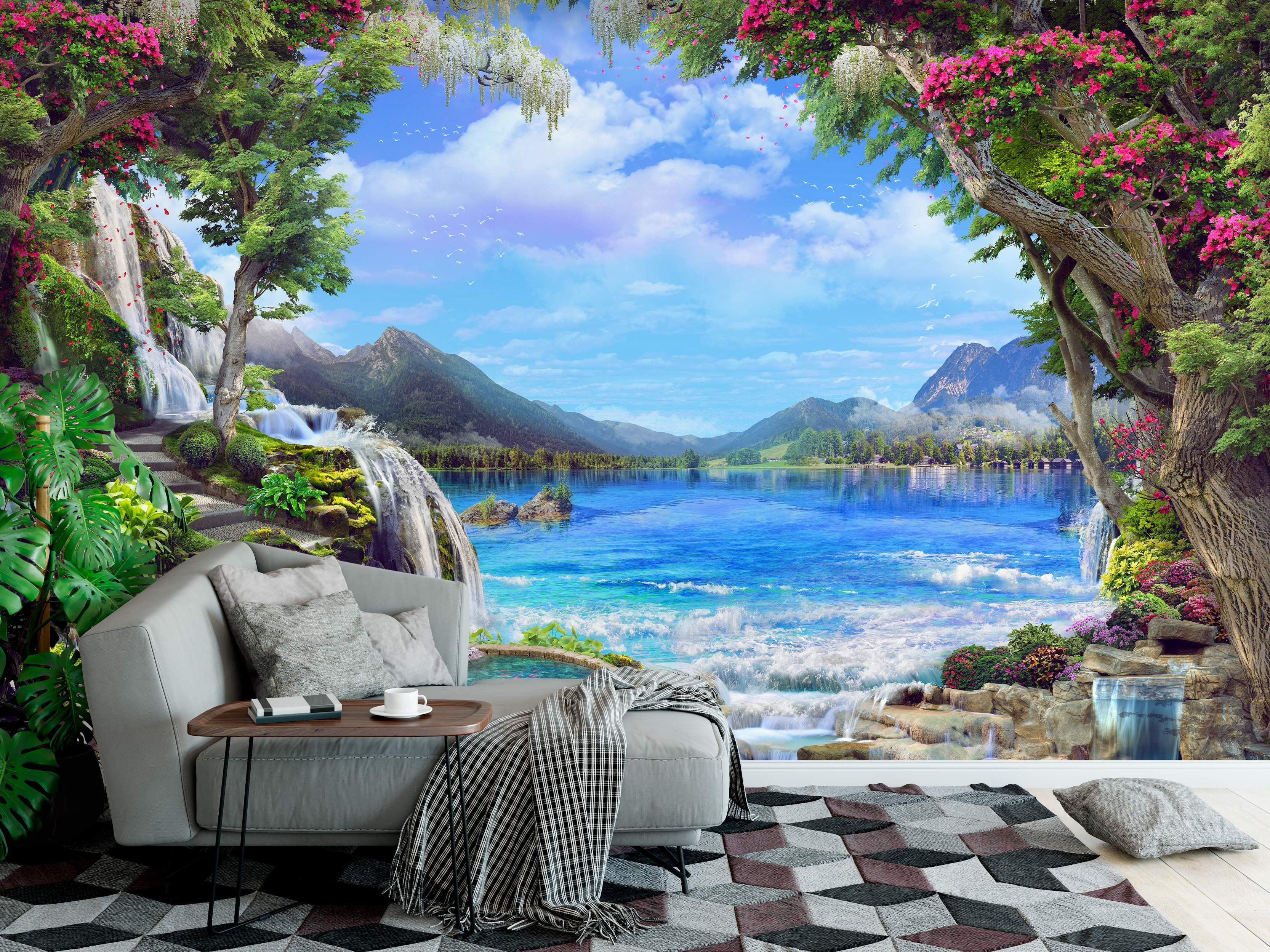 Scenic mural depicting a bright blue lake surrounded by mountains, waterfalls, and trees blooming with pink flowers.
