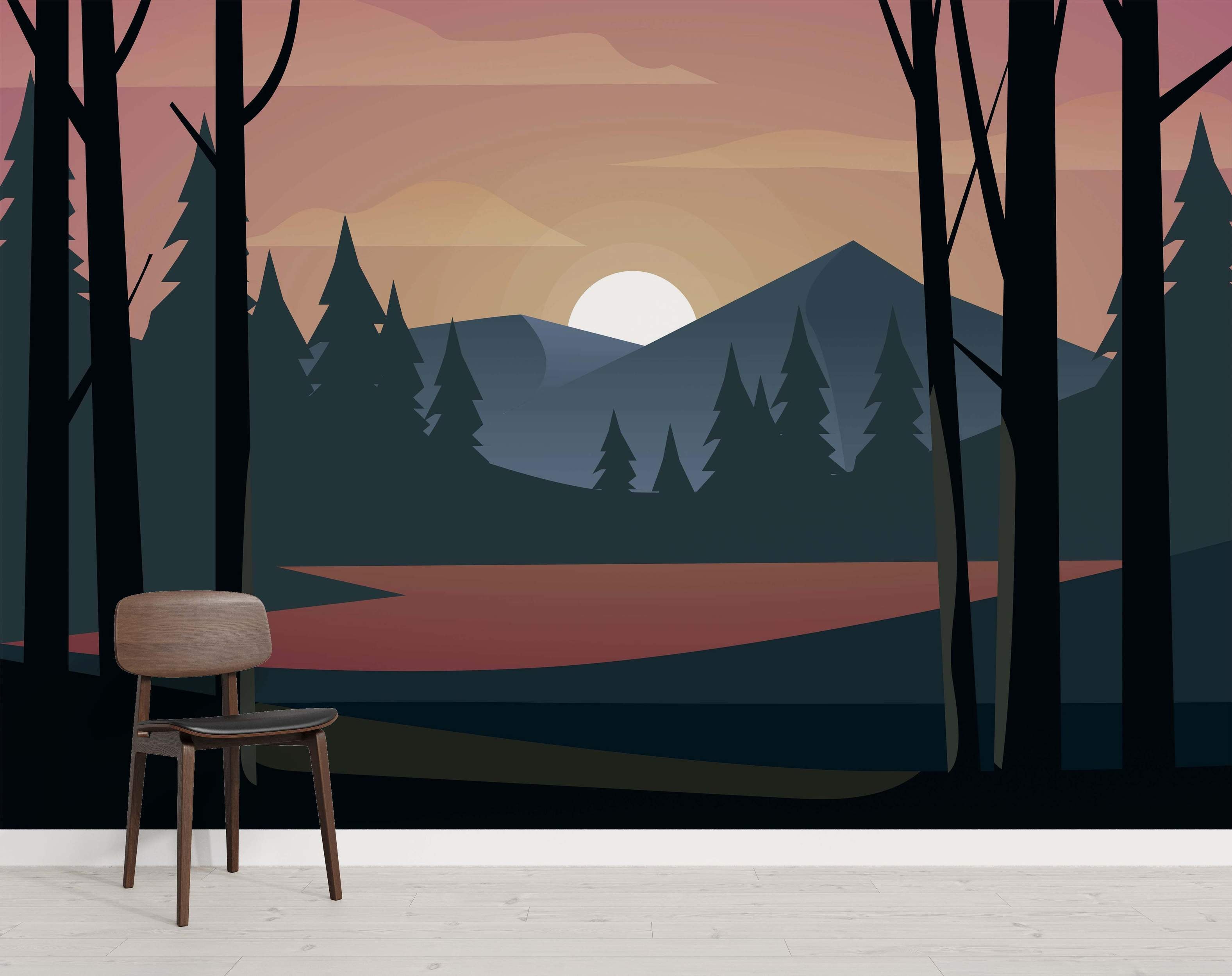 Stylized landscape mural with silhouetted trees framing a lake, distant mountains, and a setting sun under a pink and orange sky.
