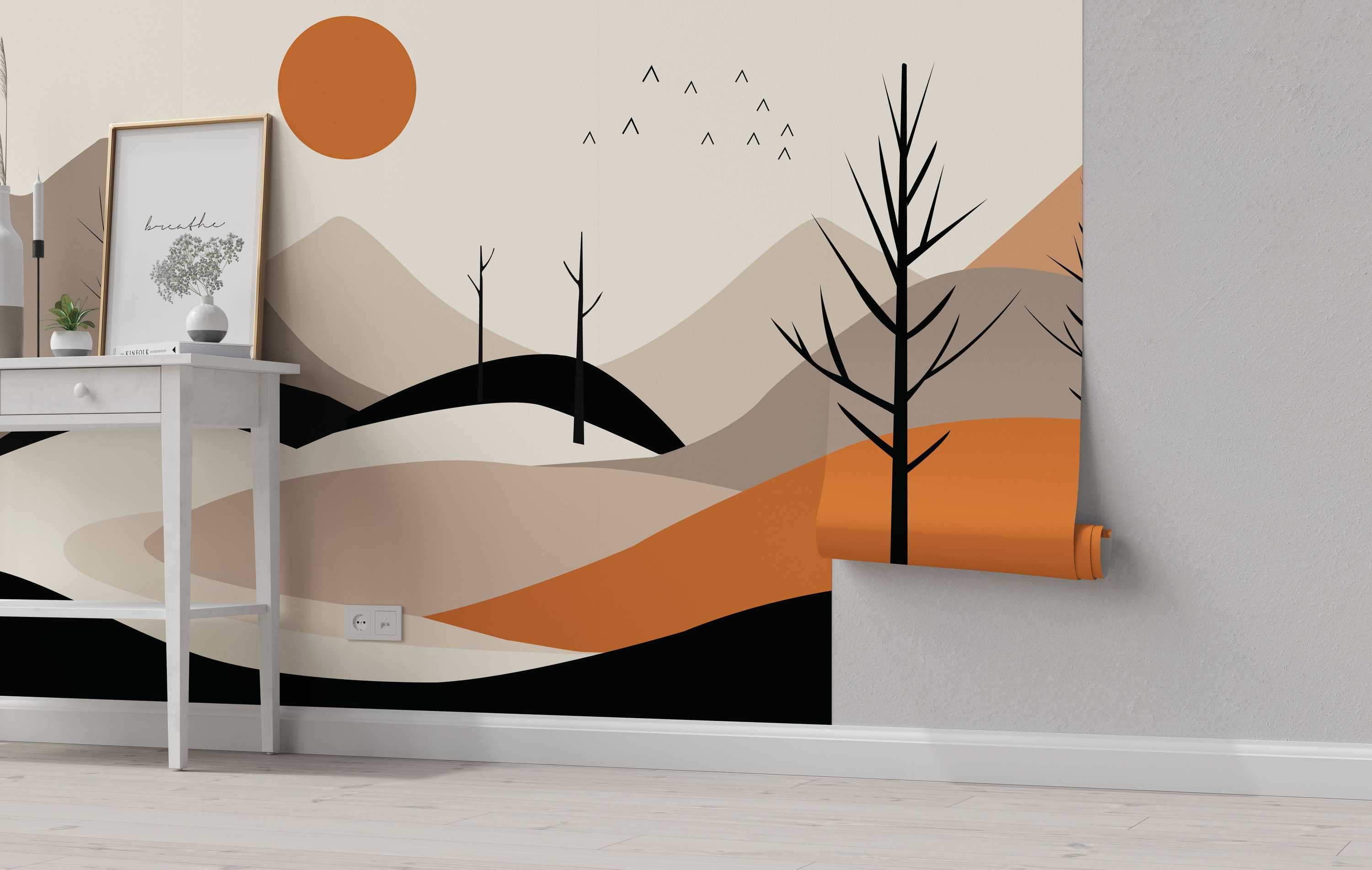 Abstract landscape mural featuring rolling hills in beige, brown, and orange, with black stylized trees, birds, and an orange sun.