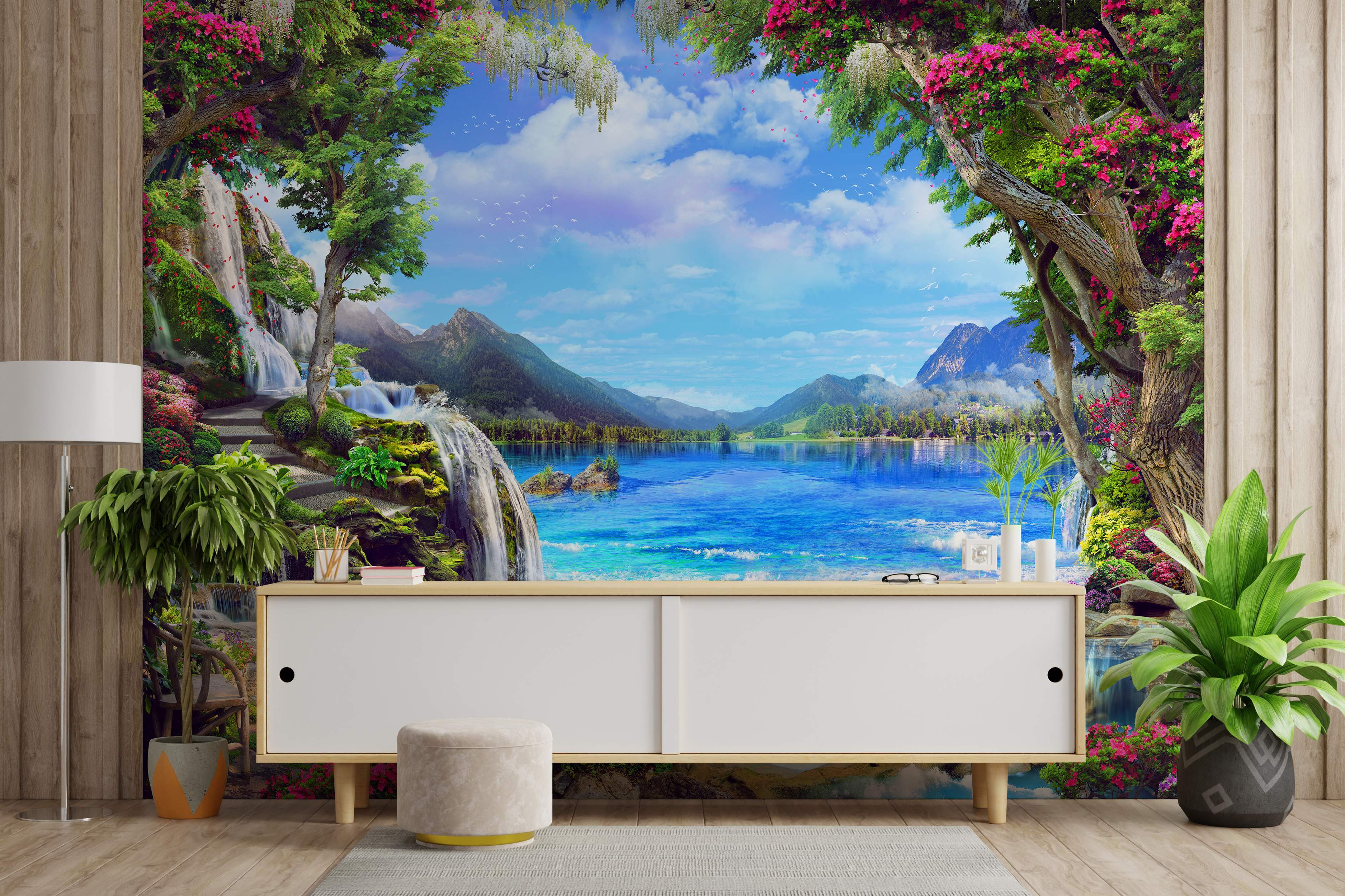 A scenic landscape mural featuring a vivid blue lake surrounded by green mountains, cascading waterfalls, and trees with pink blossoms.