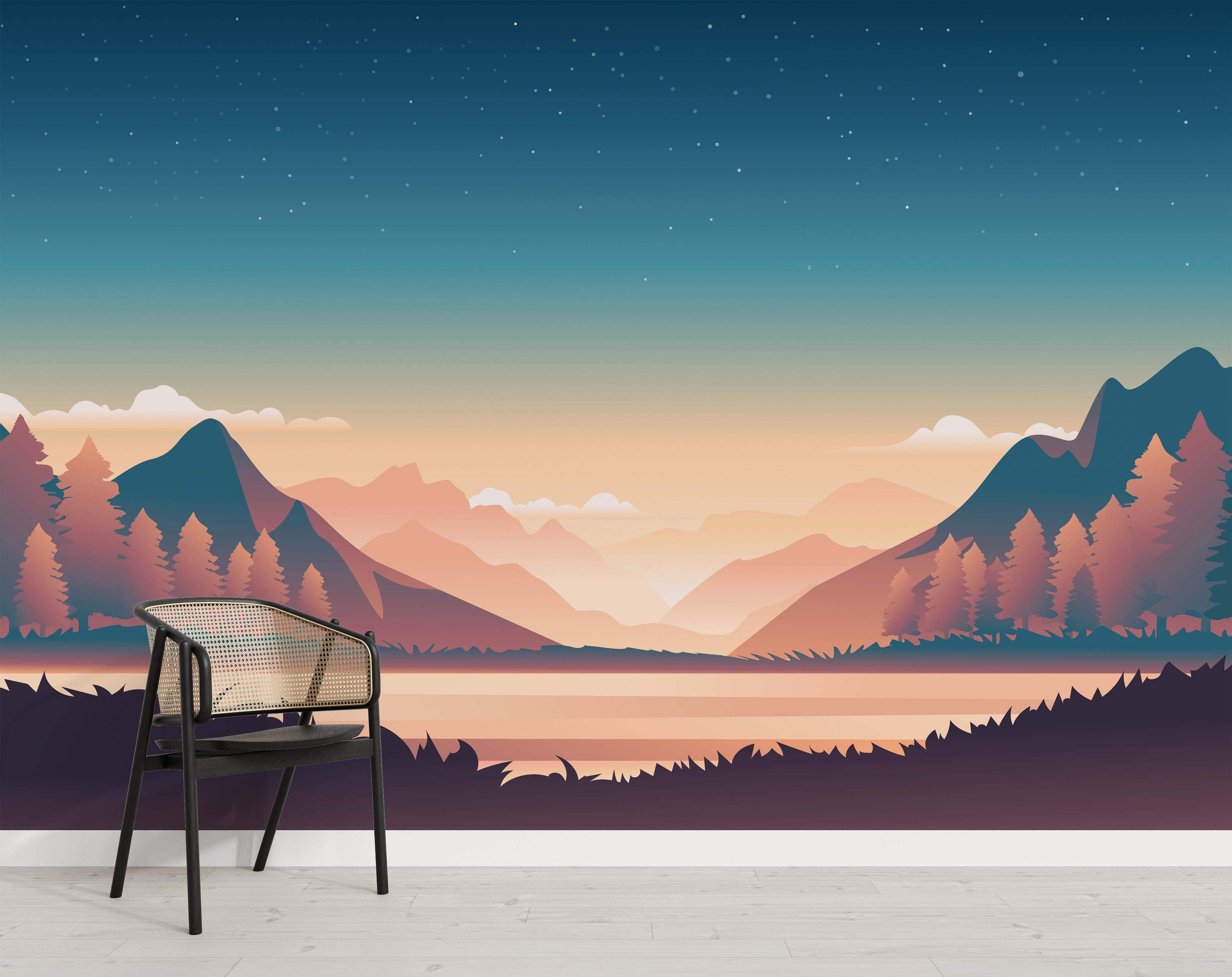 Stylized landscape mural of mountains, a lake, and trees under a starry blue, teal, and orange gradient sky.