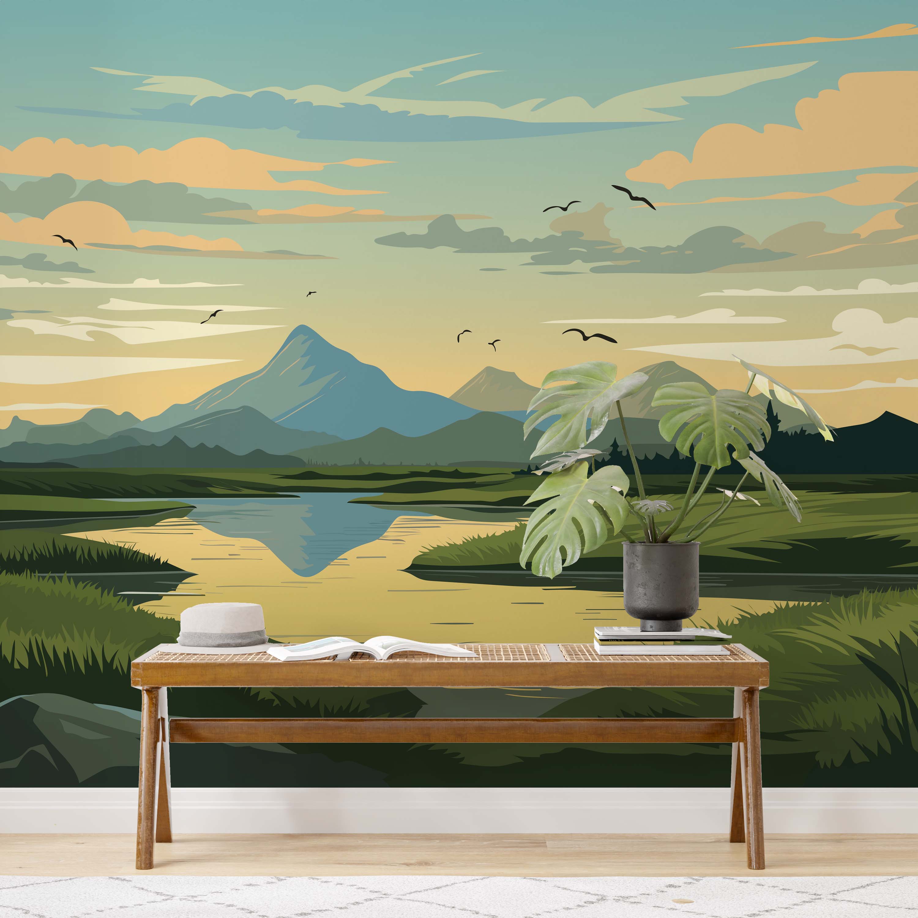 A stylized landscape mural of mountains and a river in shades of green, blue, and yellow under a cloudy sky with birds.