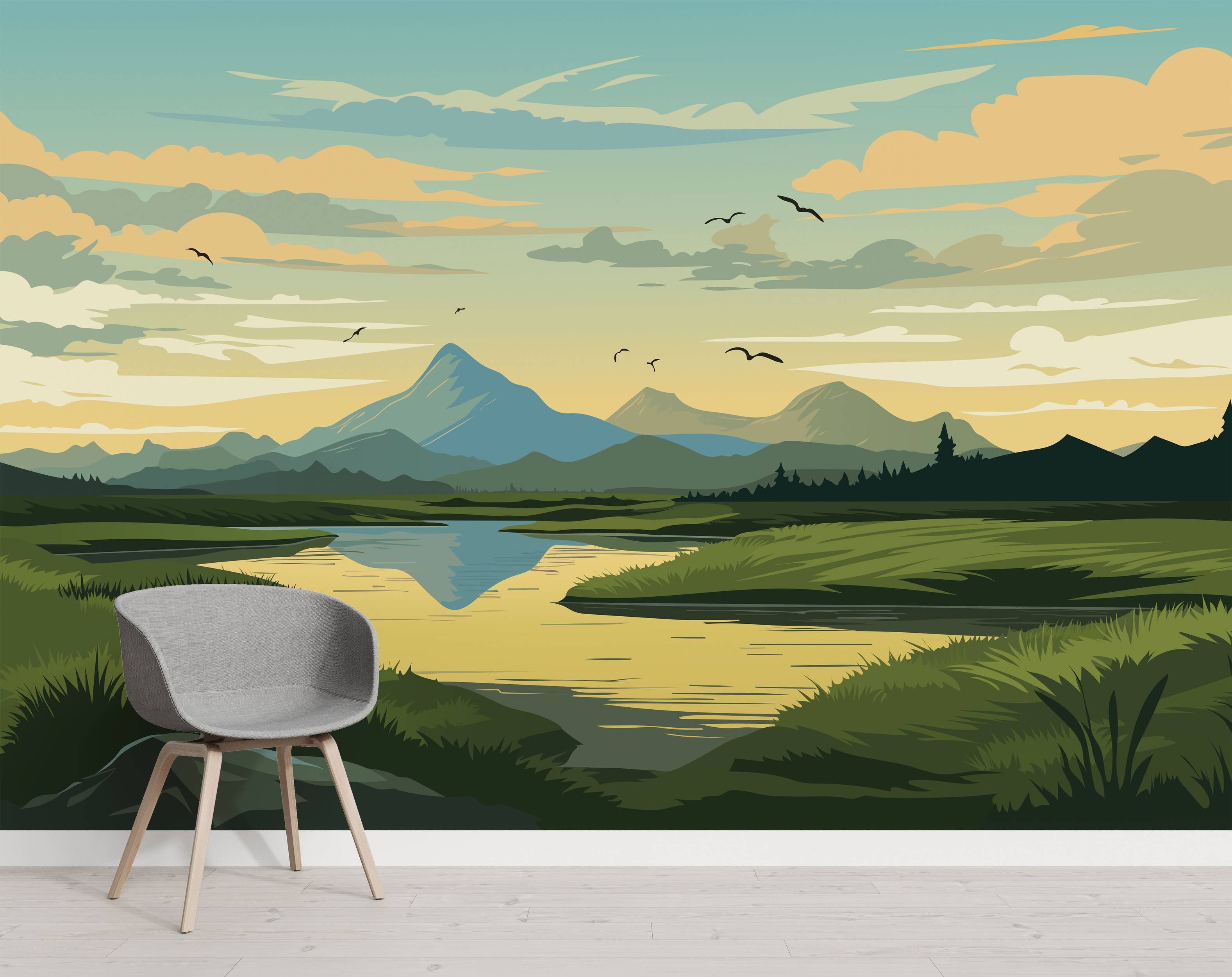 A stylized landscape mural of mountains and a river in shades of green, blue, and yellow, with birds flying in a cloudy sky.