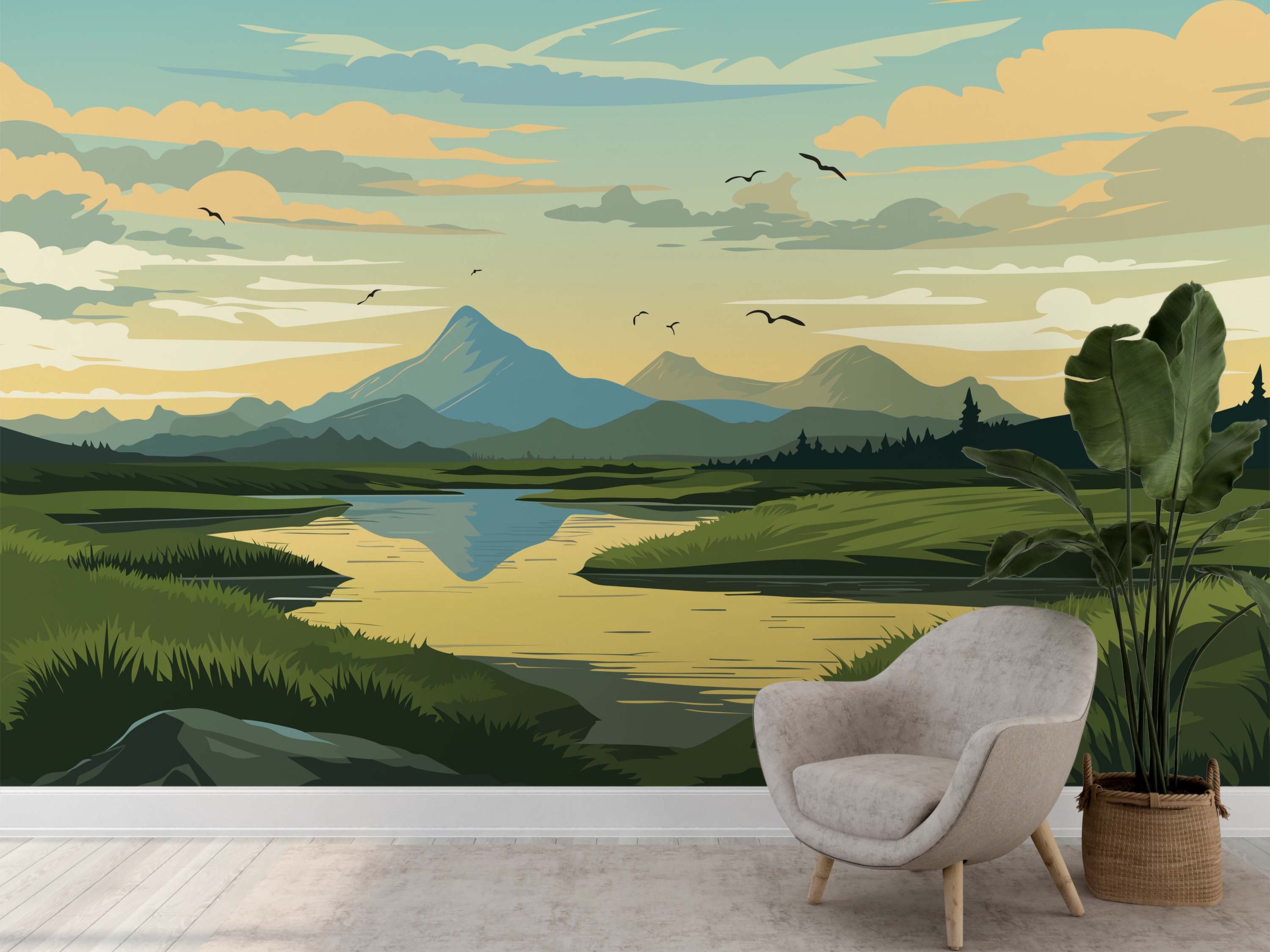 A scenic landscape mural featuring blue mountains, a calm river, and green fields under a yellow and blue sky with birds.