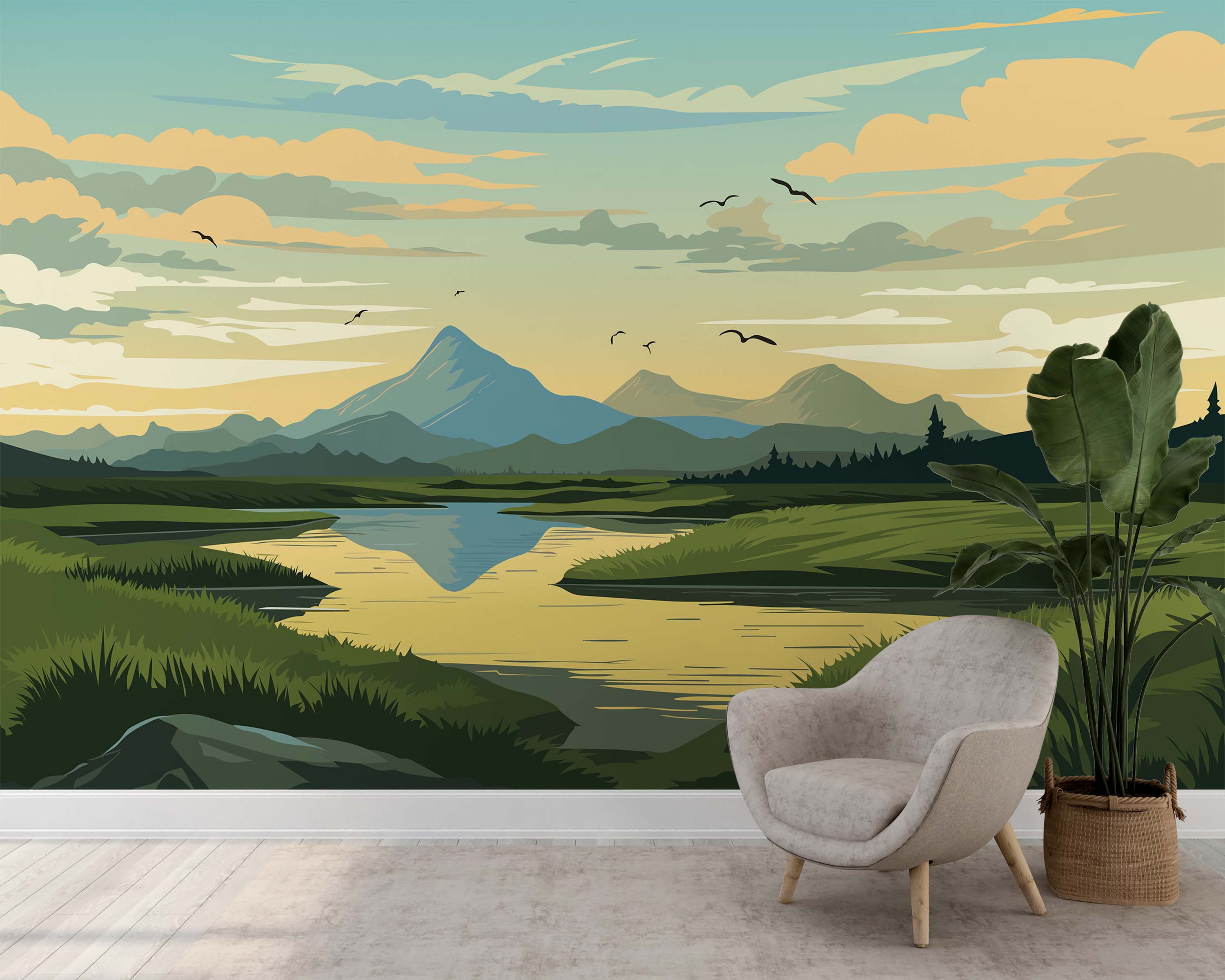 A scenic landscape mural featuring blue mountains, a calm river, and green fields under a yellow and blue sky with birds.