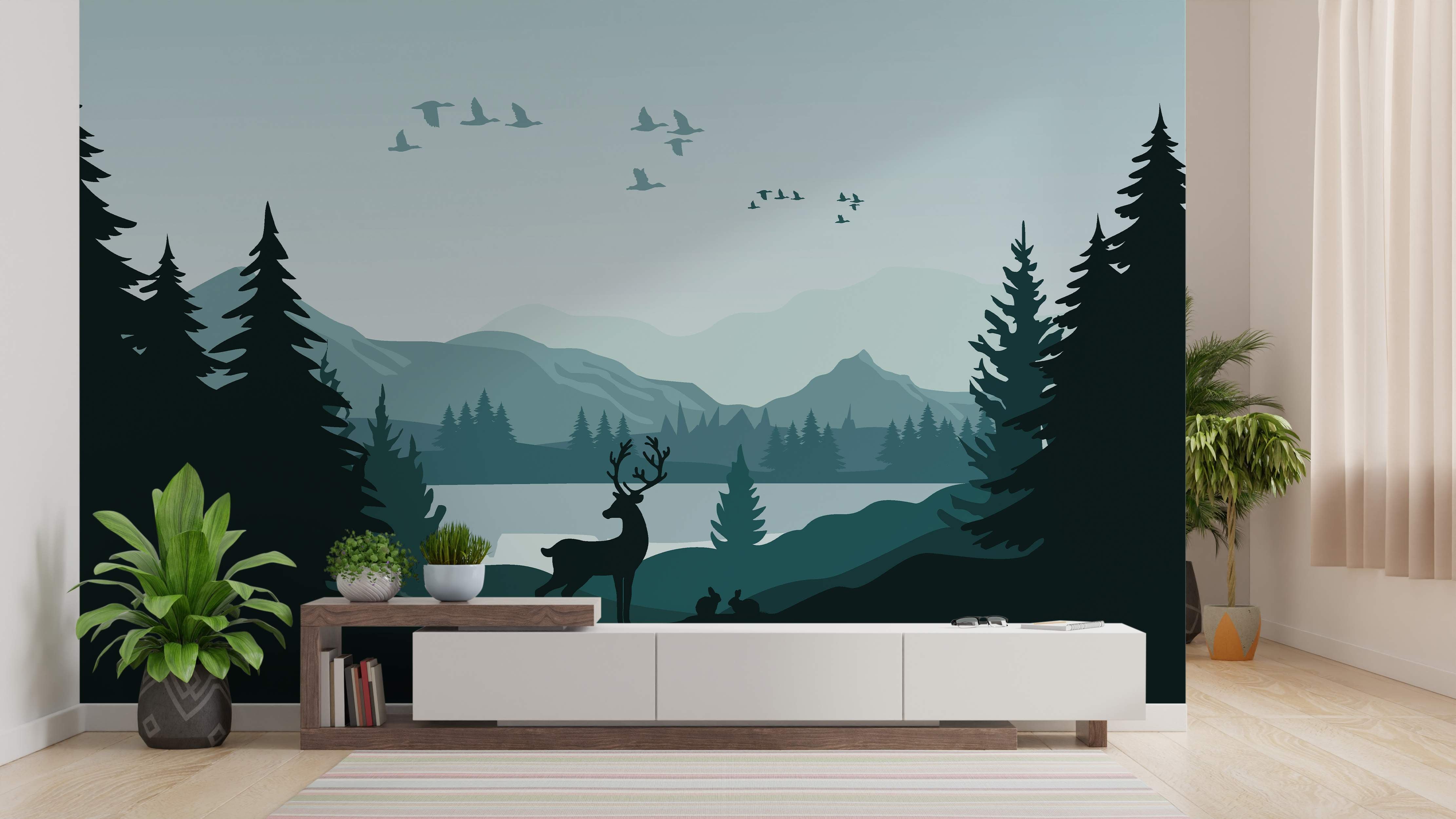 Landscape mural with silhouette mountains, pine trees, lake, deer, and birds in muted blue and green tones.