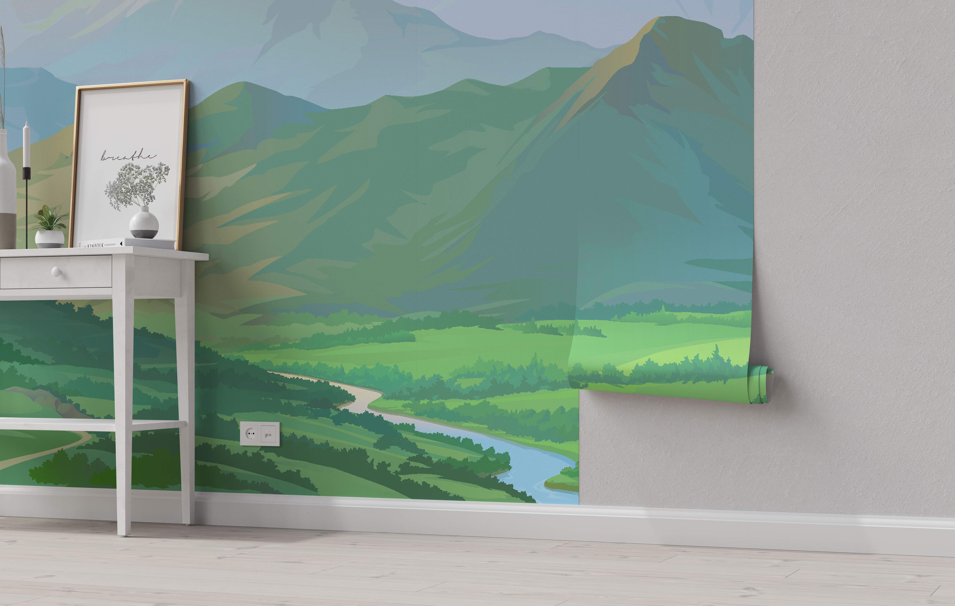 Stylized landscape mural depicting green mountains, a valley with a river, and distant peaks in shades of green and blue.