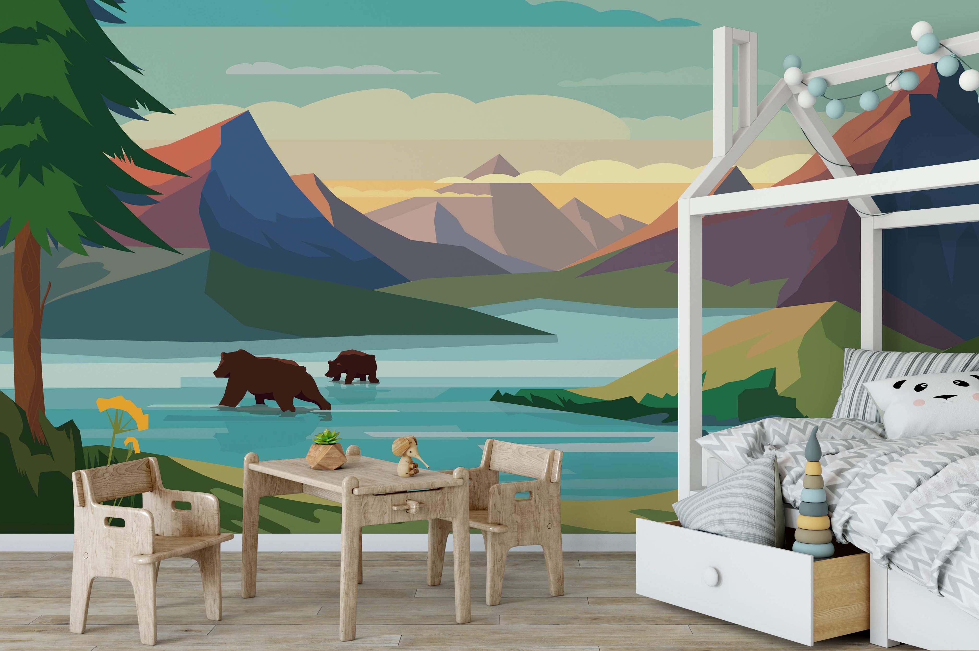 Geometric landscape mural featuring stylized mountains, a lake with two wading bears, a pine tree, and a muted sunset sky.