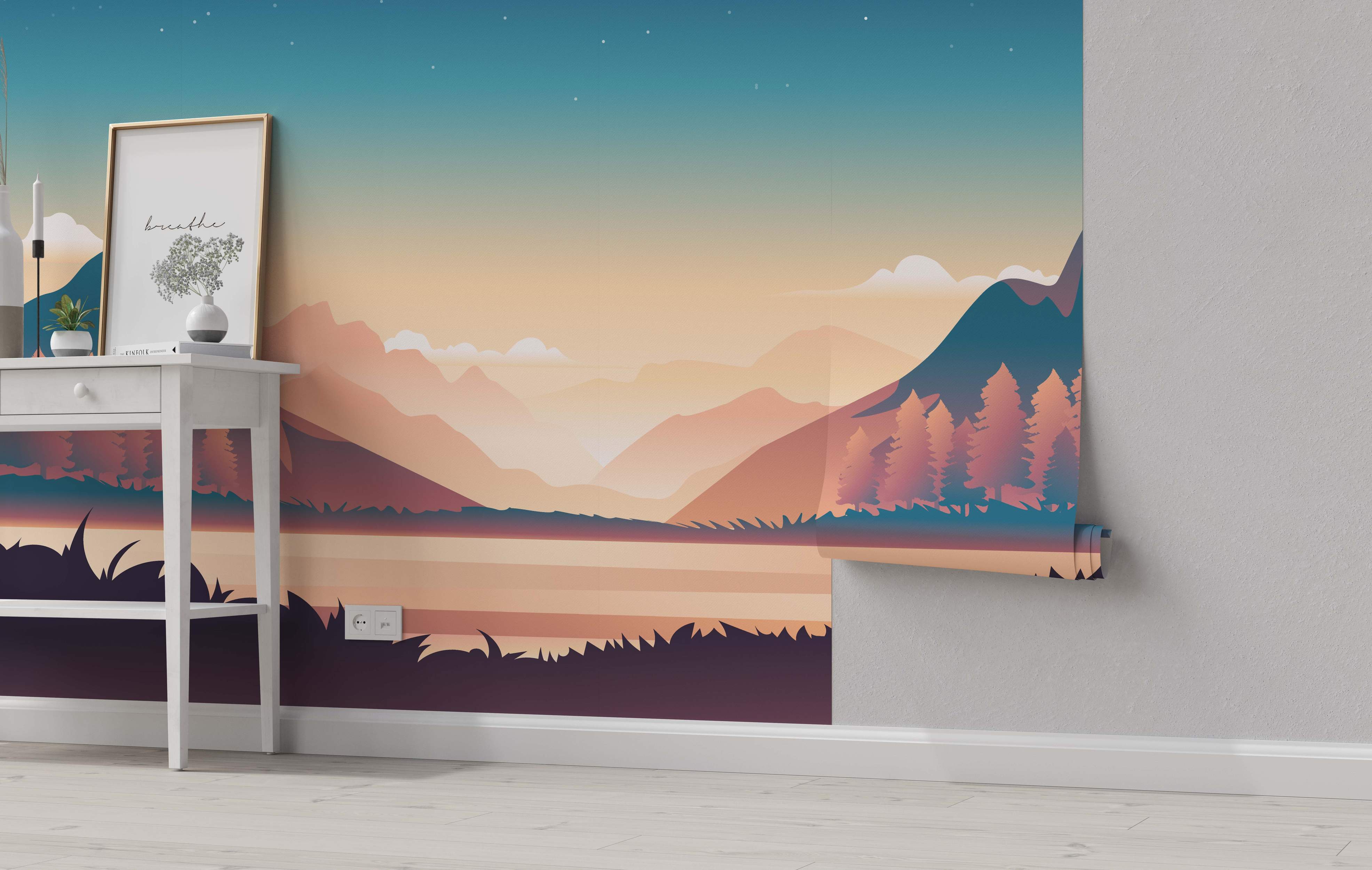 Stylized landscape mural featuring layered mountains, trees, and water under a gradient orange-to-blue sky with stars.