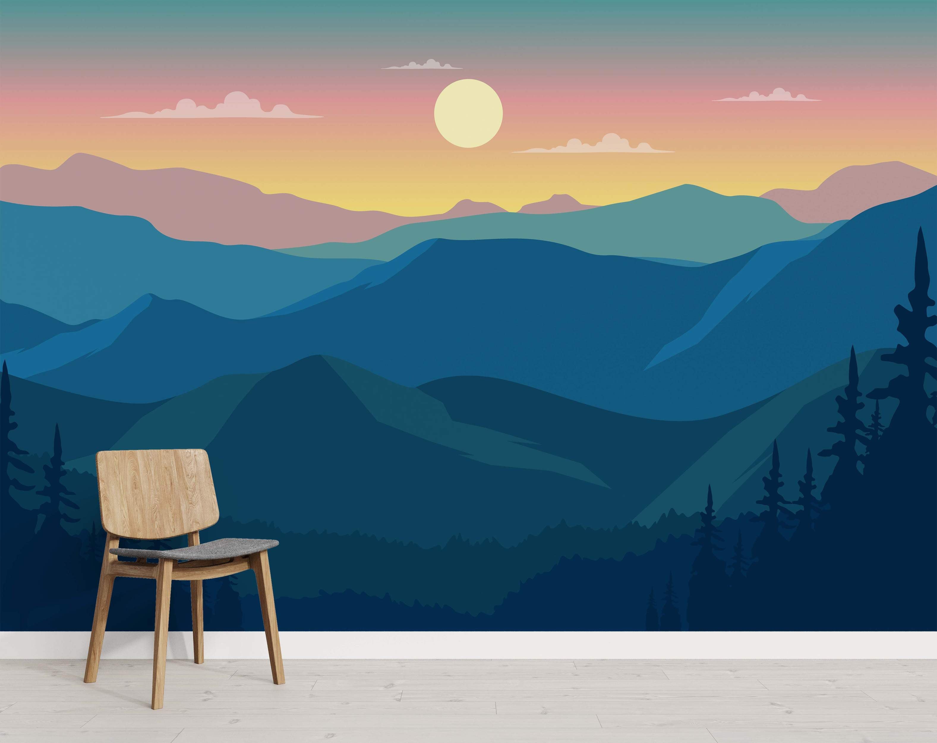 Minimalist landscape mural featuring layered blue mountains, silhouetted trees, and a pale sun against a pink, orange, and teal sky.