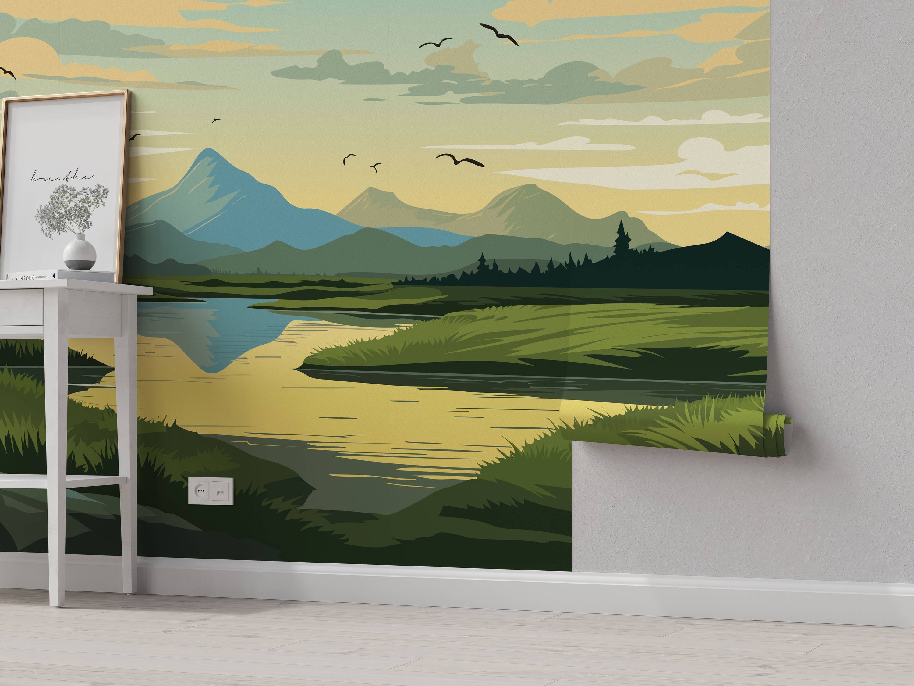 A stylized landscape mural with green and blue mountains, a golden sky with birds, and a winding river in a grassy valley.