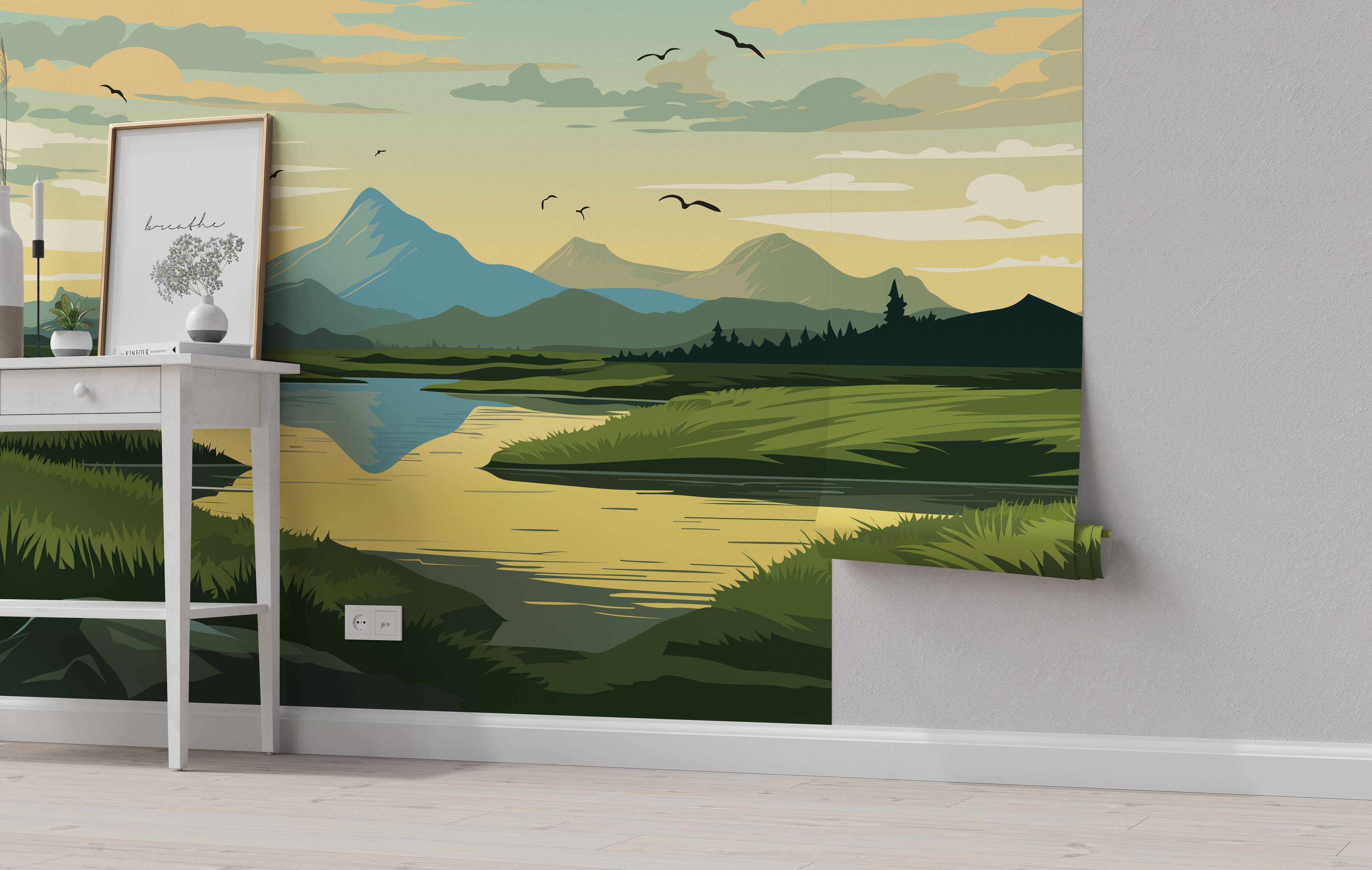 A stylized landscape mural with green and blue mountains, a golden sky with birds, and a winding river in a grassy valley.