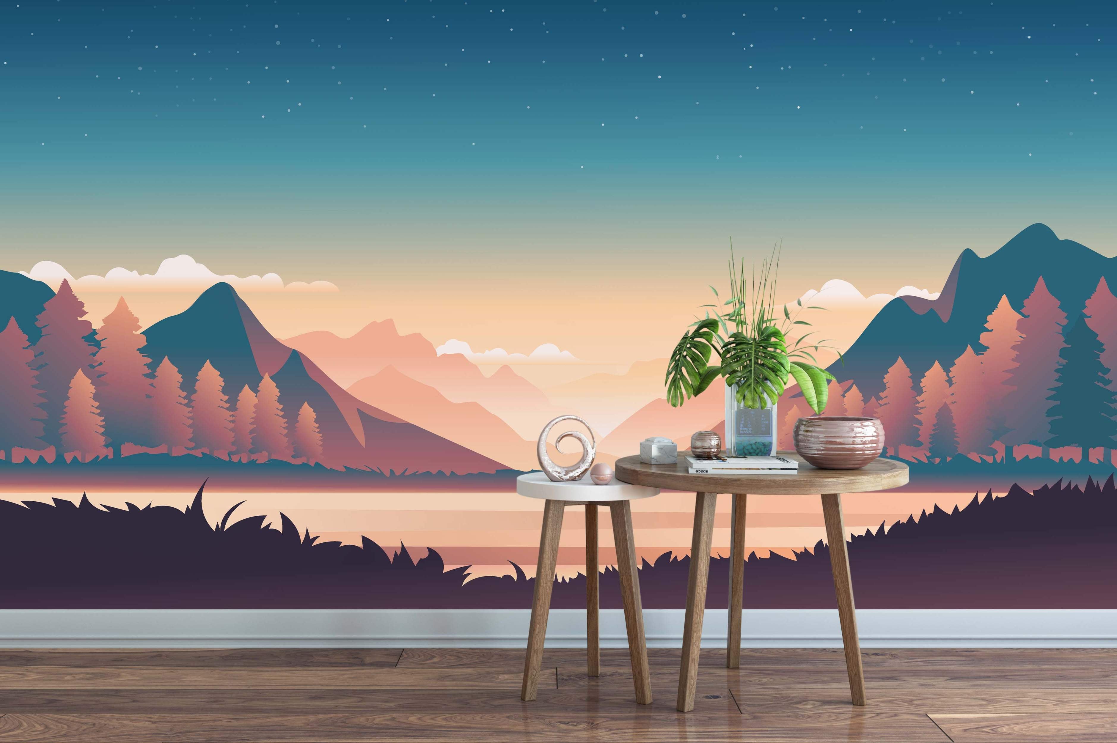 Stylized landscape mural with layered mountains, pine trees, and a lake under a gradient sunset sky transitioning to starry blue.