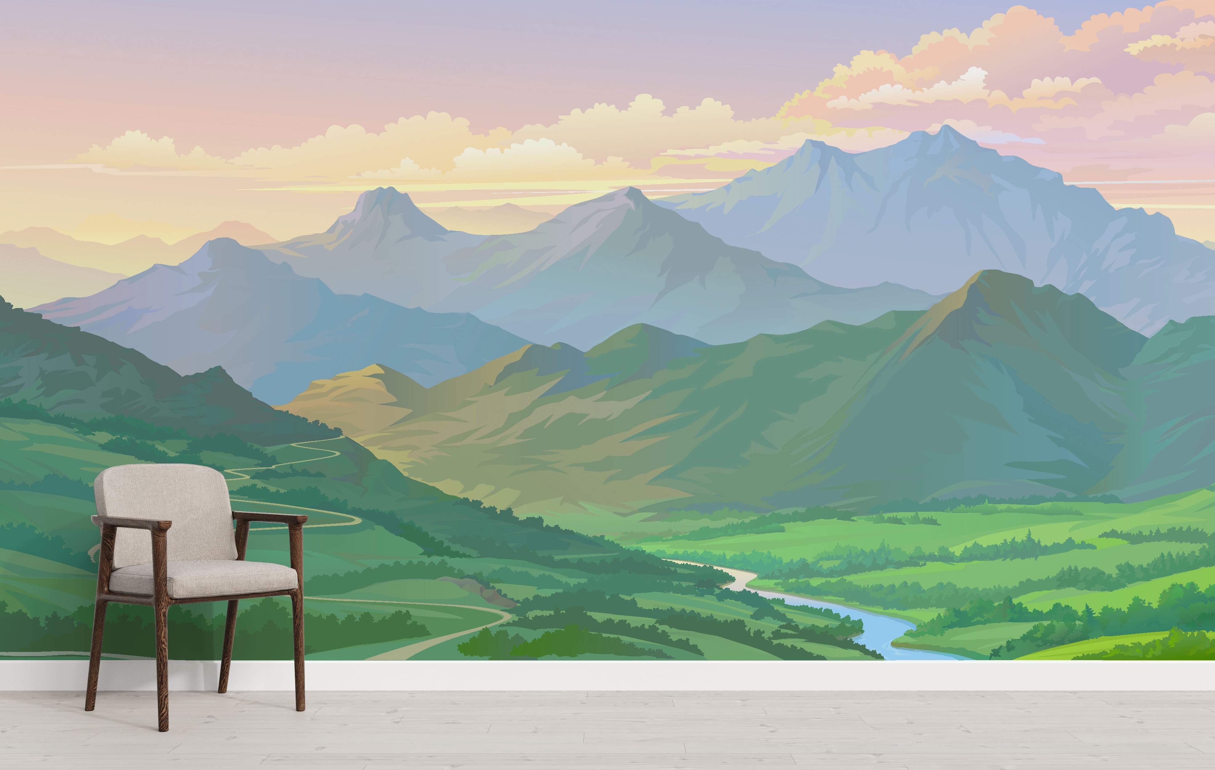 Stylized landscape mural showing green hills, a river, and distant blue mountains under a pastel sunset sky.
