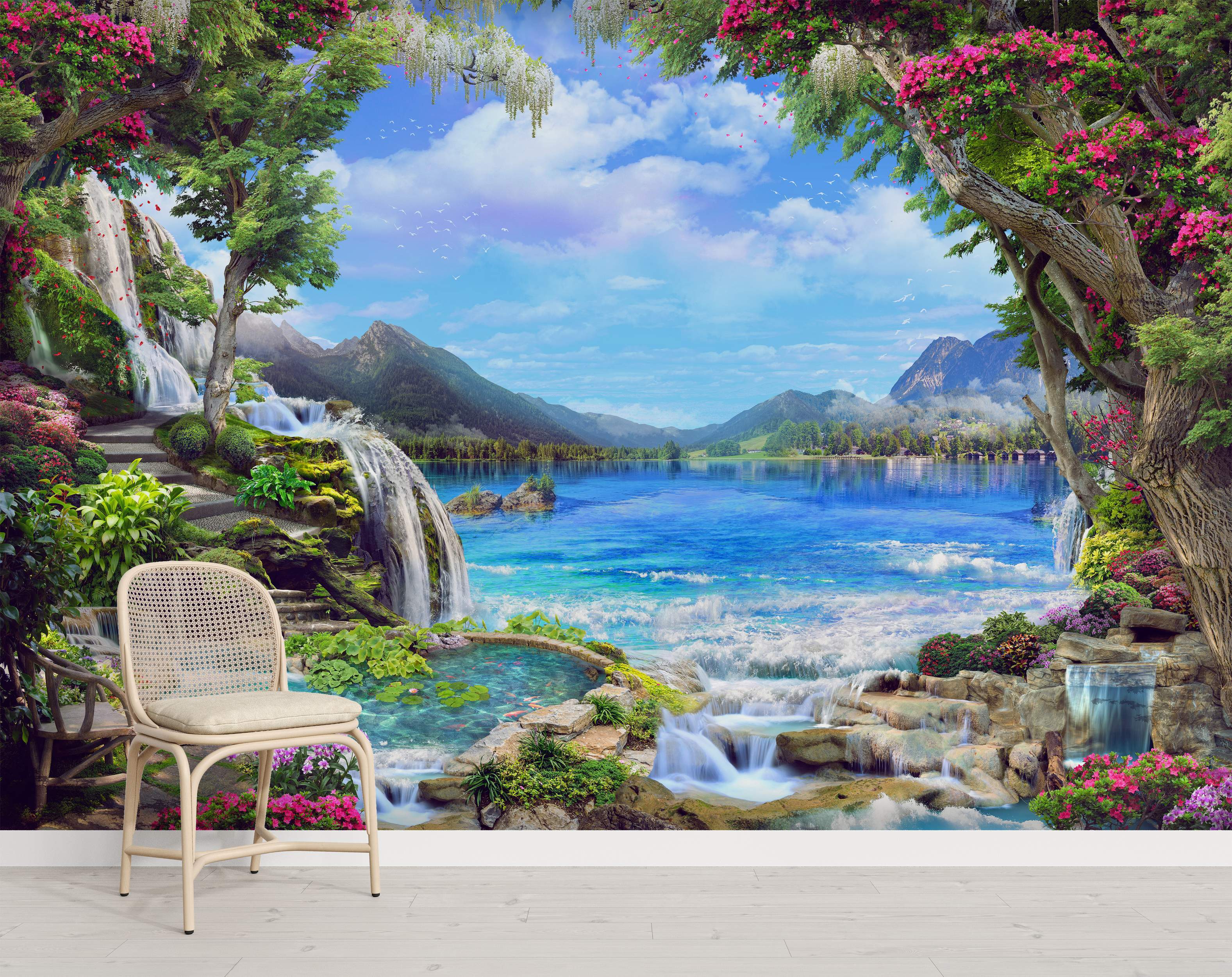Vibrant landscape mural showing cascading waterfalls, a bright blue lake, lush green trees with pink flowers, and distant mountains.
