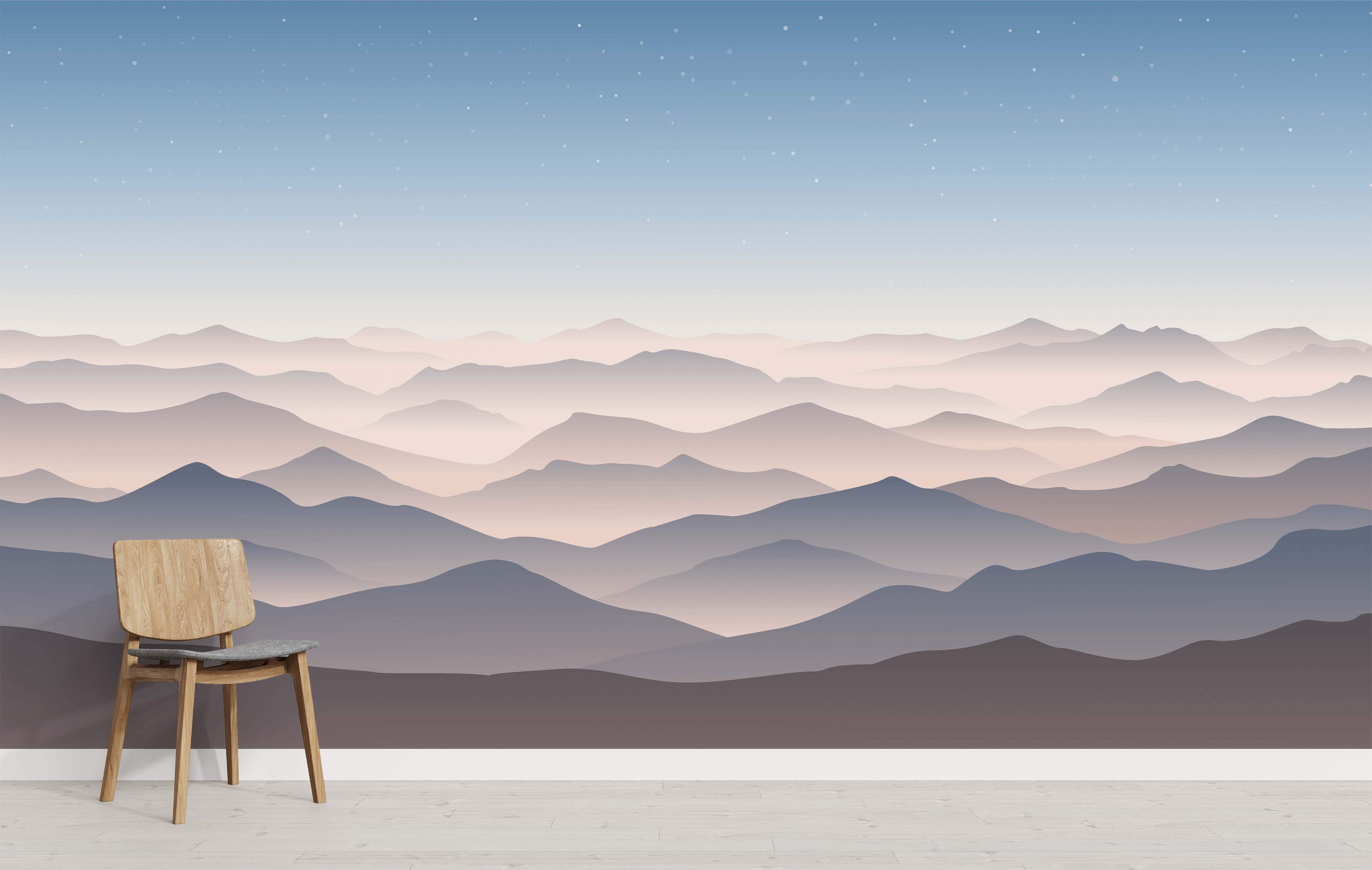 Layered mountain landscape mural with atmospheric perspective, featuring gray, pink, and blue tones under a starry gradient sky.
