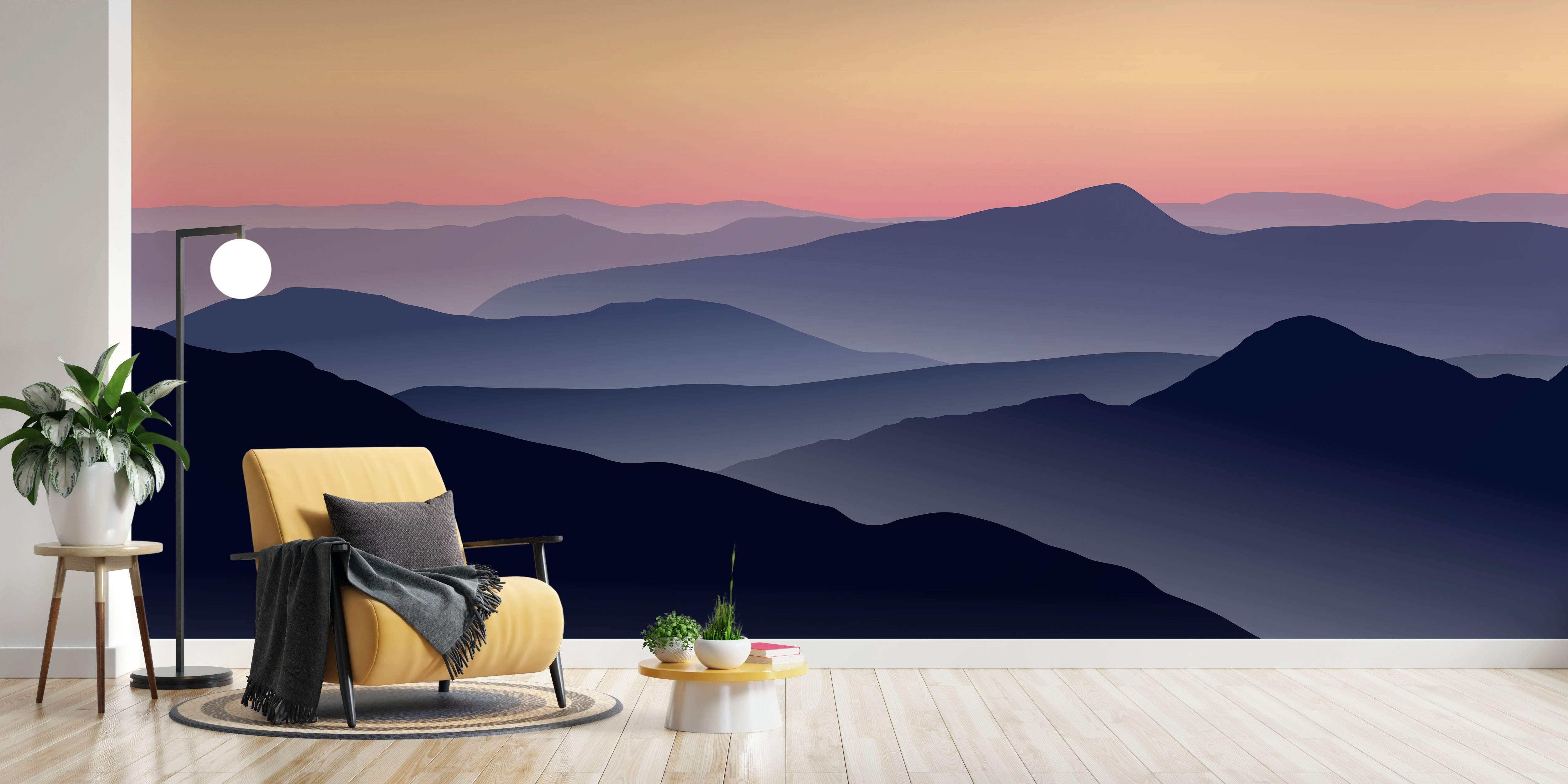 Atmospheric mountain mural displaying layered blue silhouettes beneath a gentle pink and orange sunset sky.