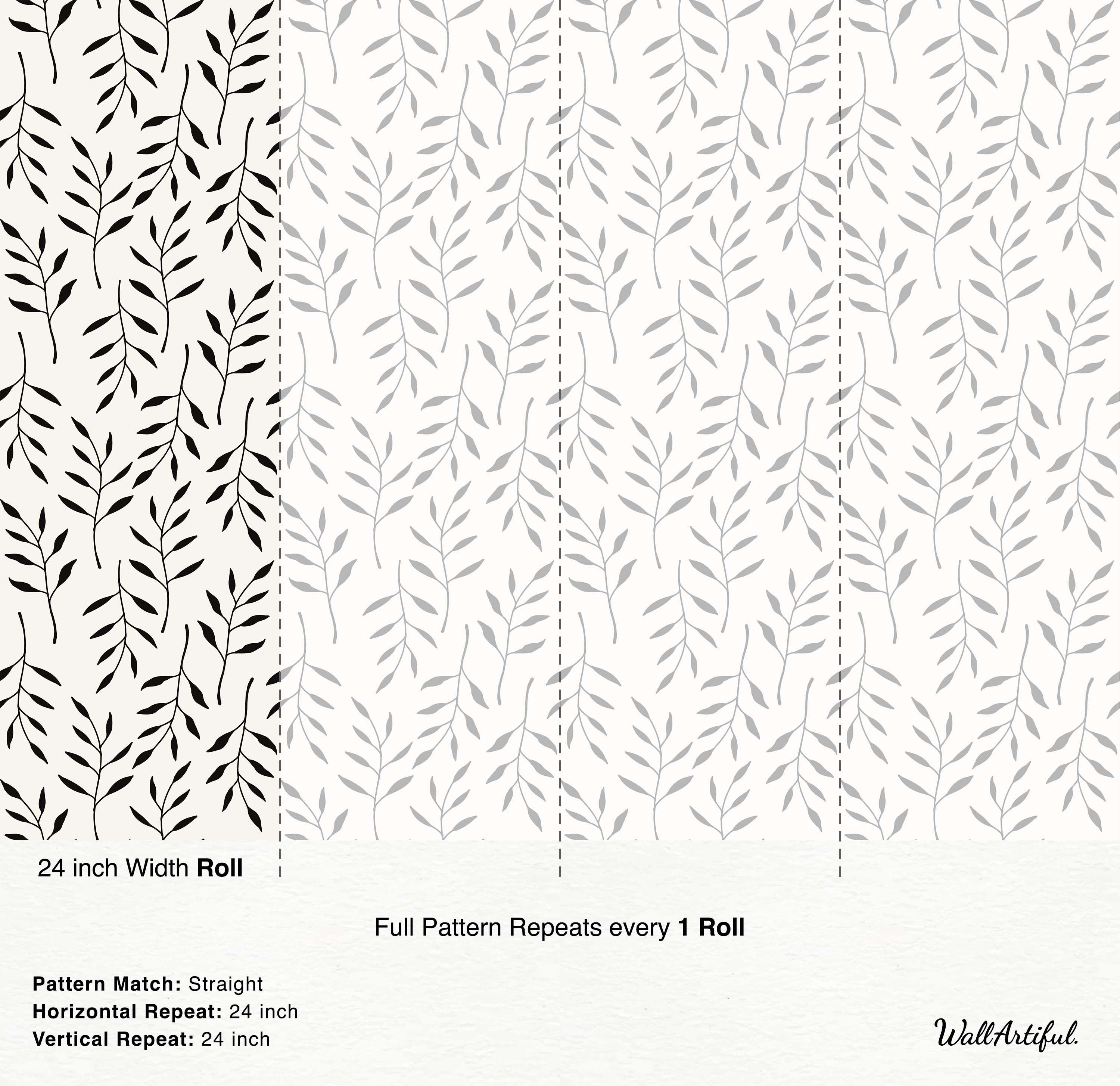 Wallpaper featuring a repeating pattern of simple black leafy branches arranged vertically on a cream background.